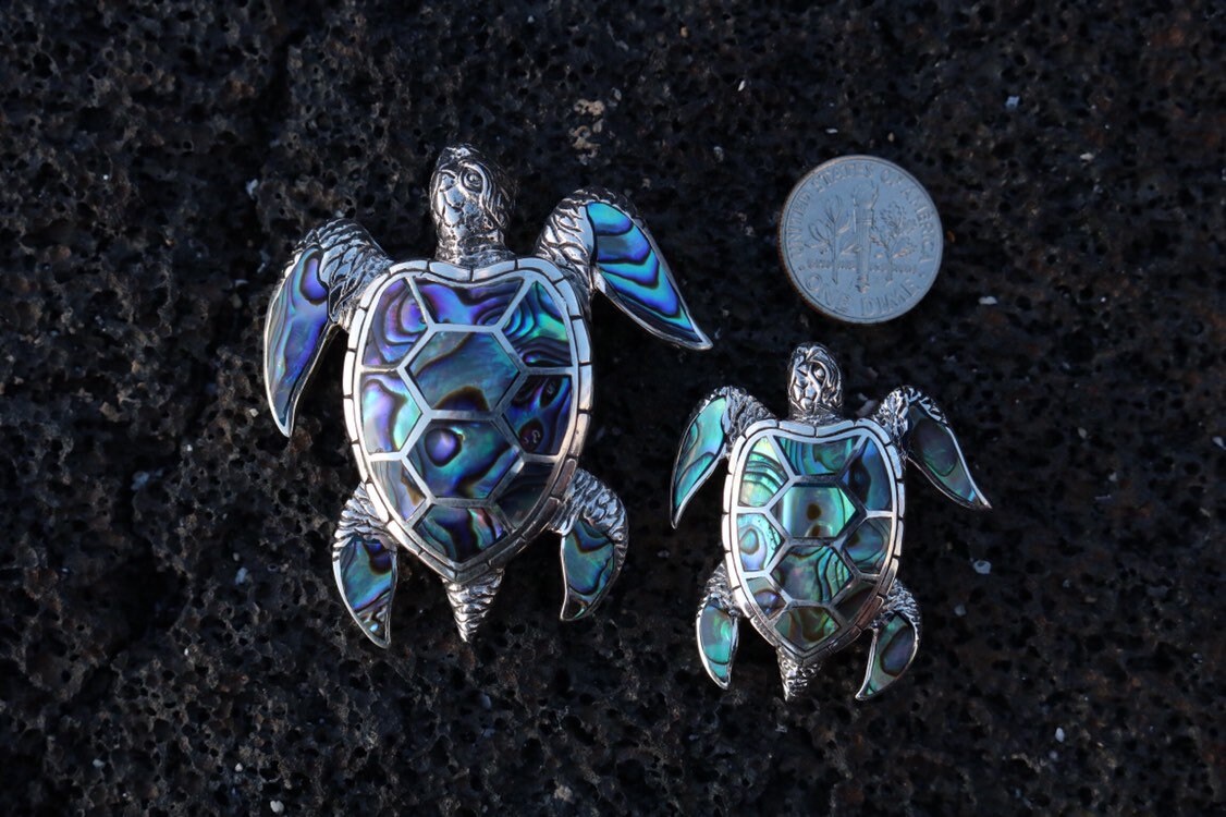 Green Sea Turtle Necklace Pendant. Hawaiian Honu. Sterling Silver, Abalone Shell.