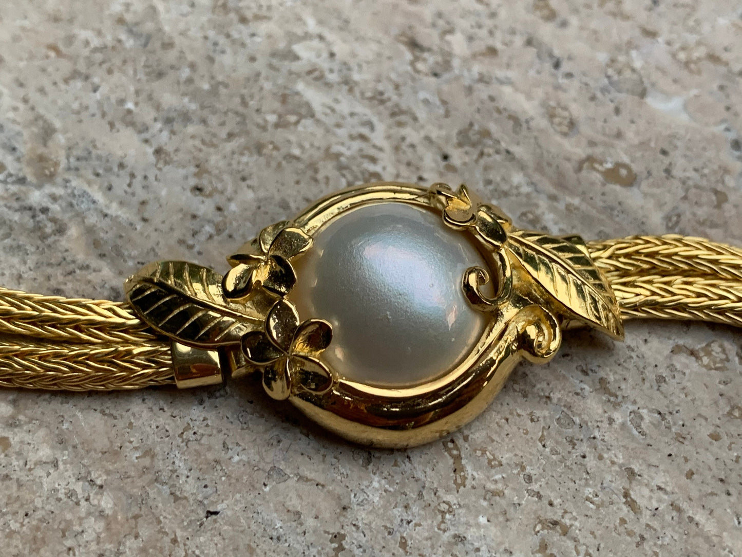 18K Gold Vermeil Plumeria Flower Bracelet. White Mabe Pearl.