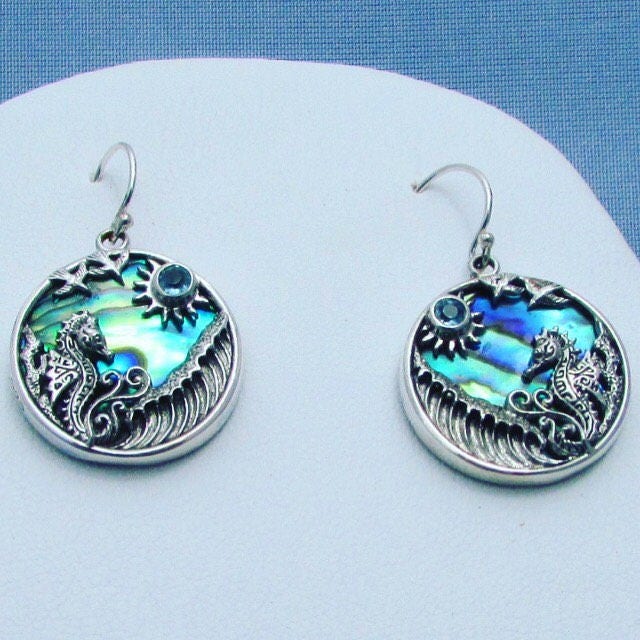 Seahorse Wave Earrings | Blue Topaz | Paua Shell | Sterling Silver | Ocean | Beach | Gift | Jewelry | Handmade | Unique
