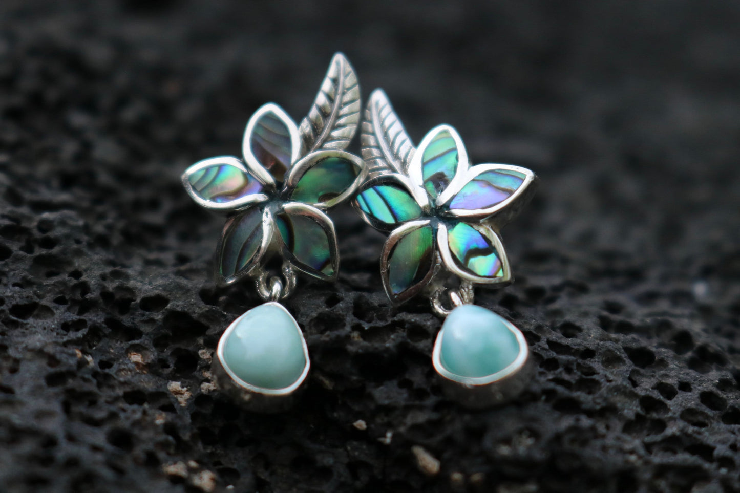 Plumeria Flower Larimar Abalone Shell Stud Earrings. Sterling Silver.