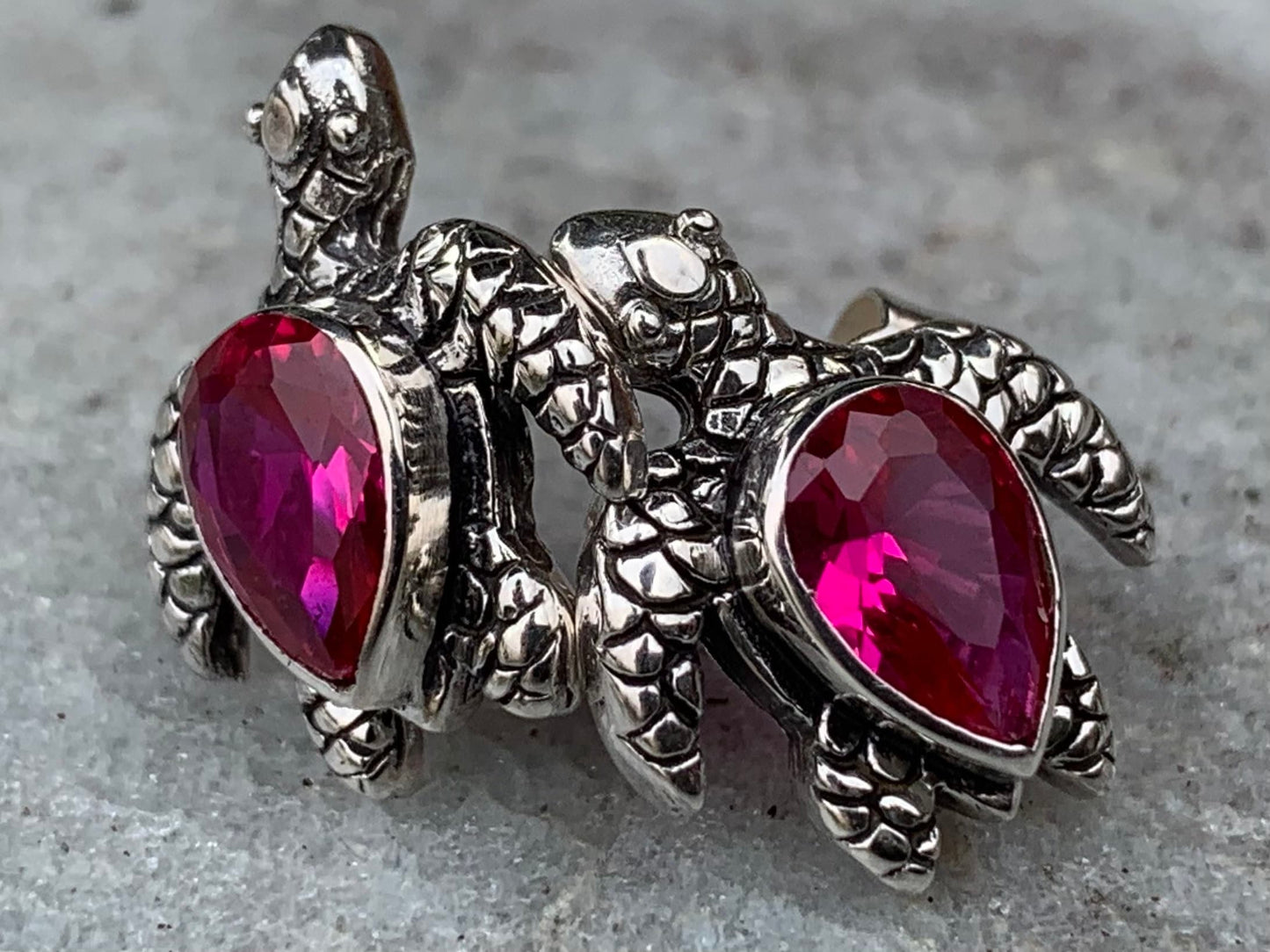 Ruby turtle earrings studs. Sterling silver.