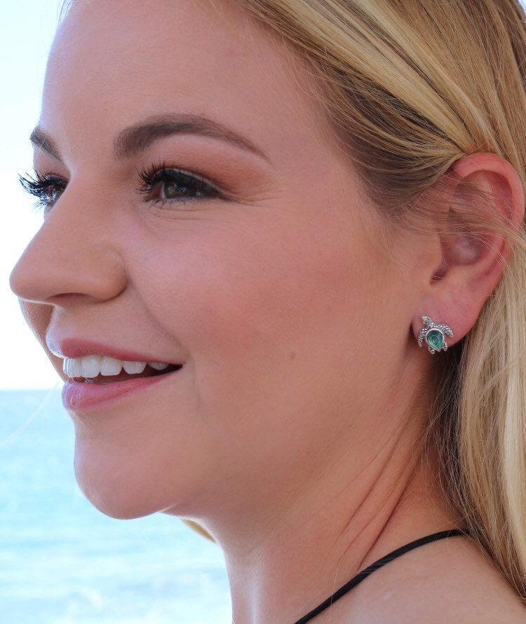 Sea Turtle Stud Earrings | Abalone Paua Shell | Ocean | Beach | Gift | Jewelry | Handmade | Unique | Sterling Silver