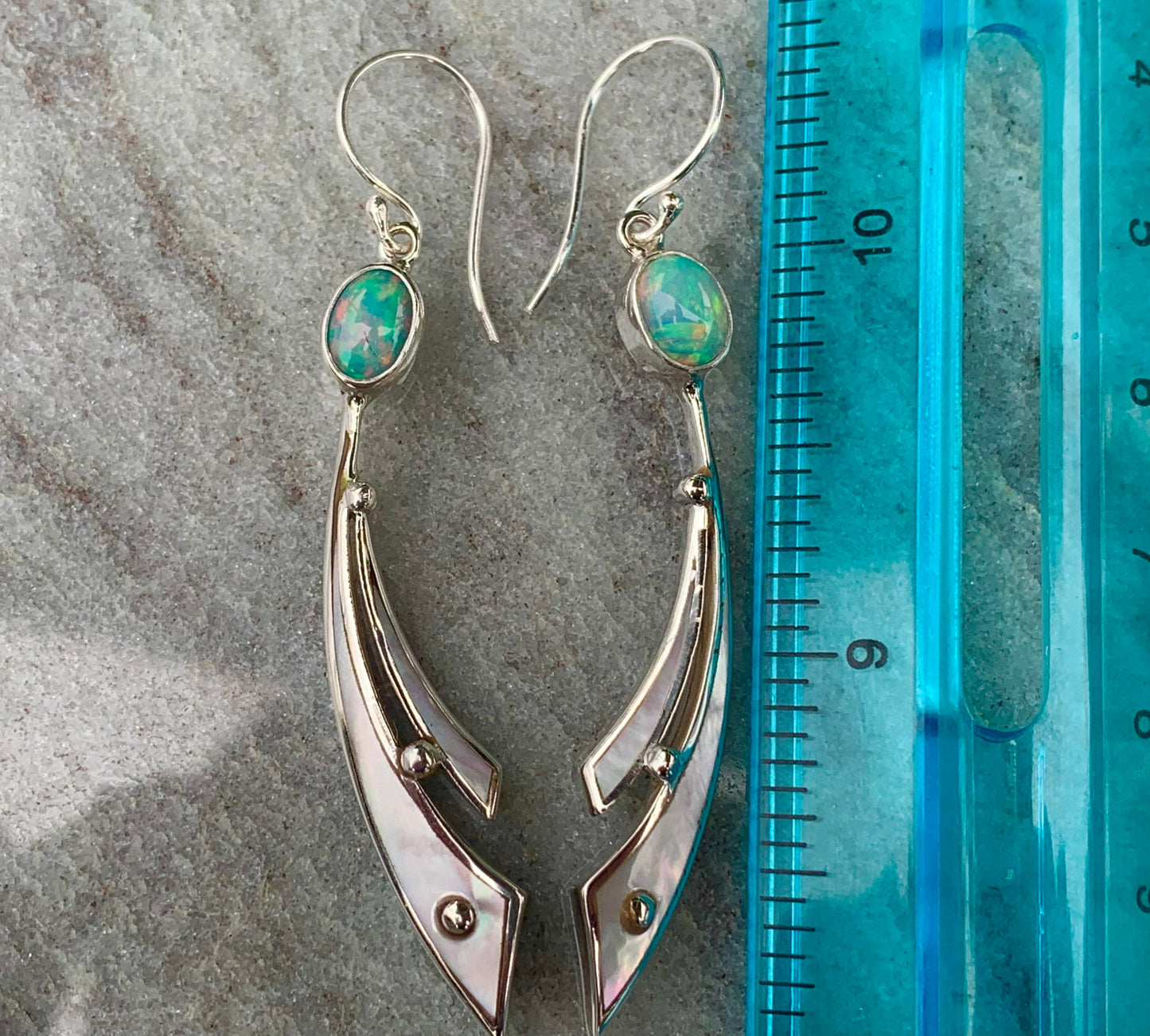 Opal Ocean Wave Earrings. Mother of Pearl, Sterling Silver.