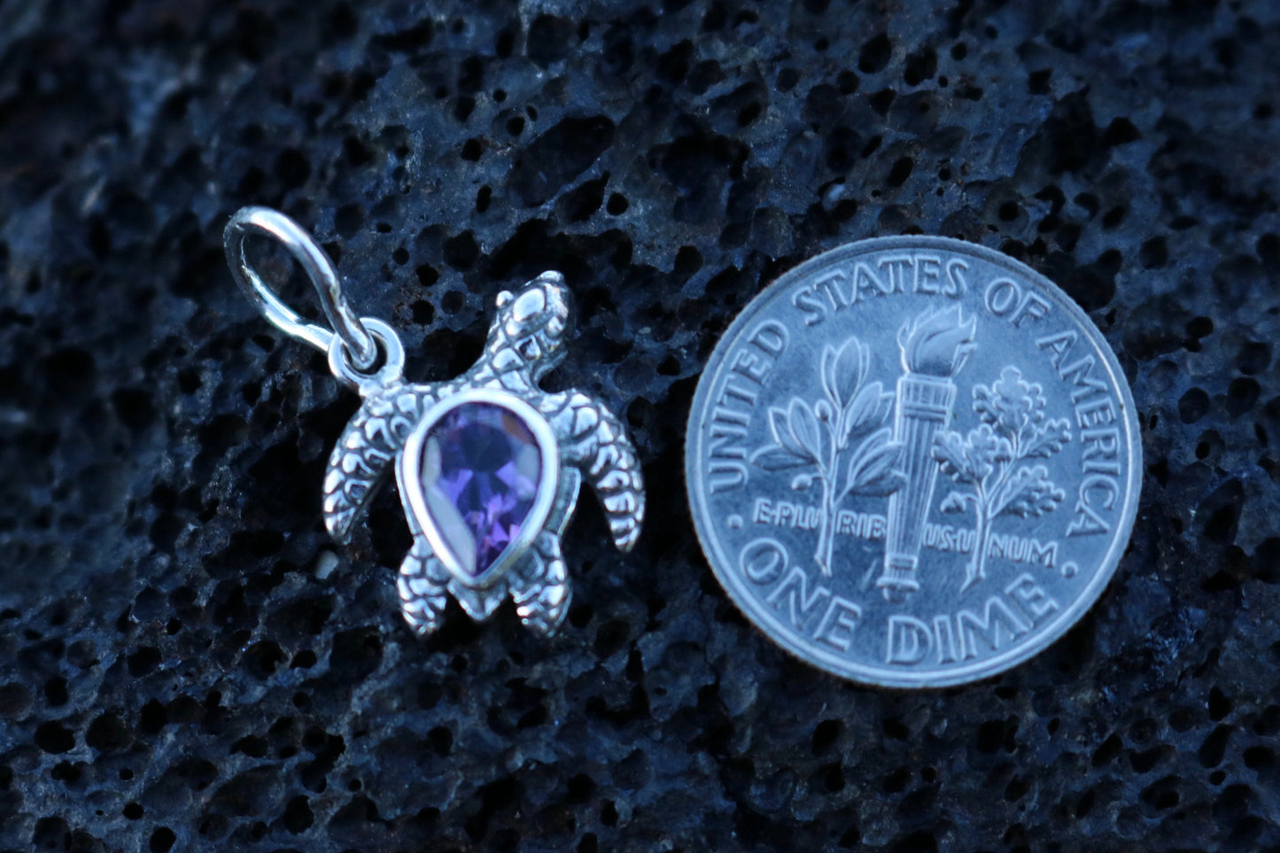 Turtle Charm Amethyst Necklace Pendant. Sterling Silver.