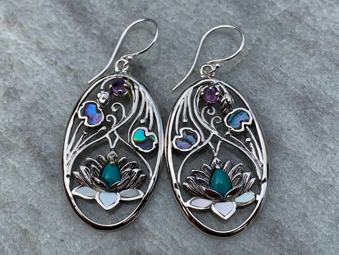 Turquoise Amethyst Lotus Earrings. Sterling Silver. Abalone Shell, Mother of Pearl.
