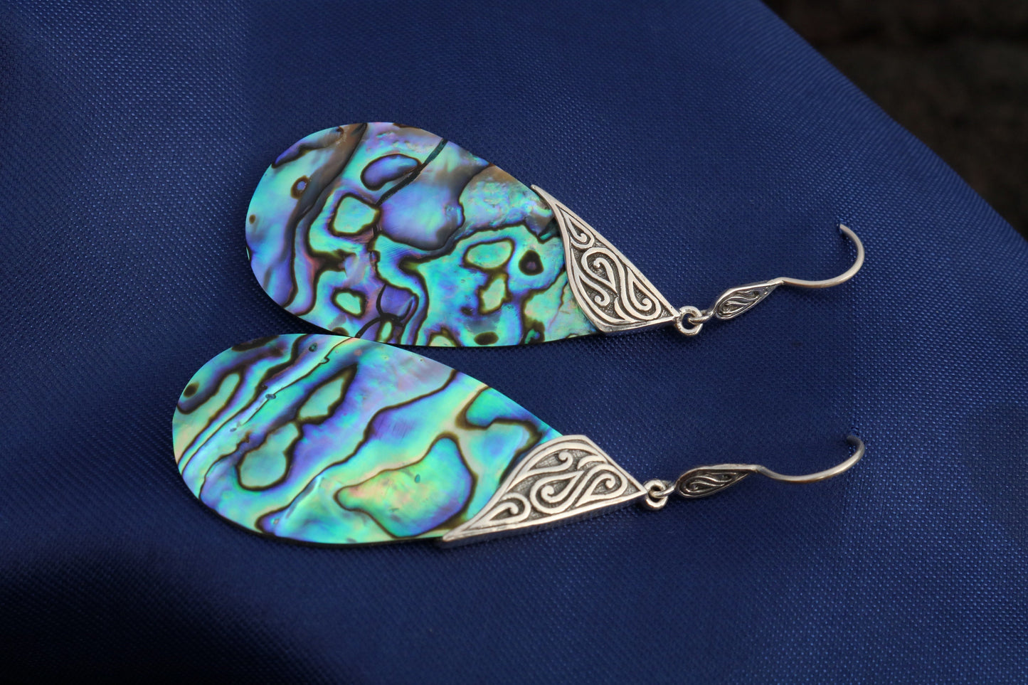Abalone Shell Teardrop Earrings Tribal Design. Sterling Silver.