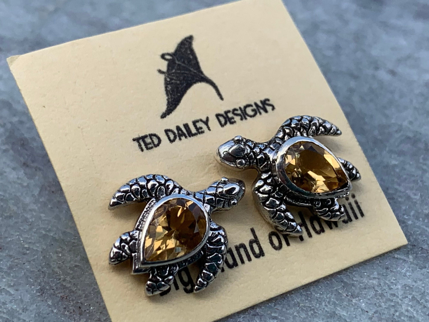 Turtle Charm Citrine Stud Earrings Sterling Silver