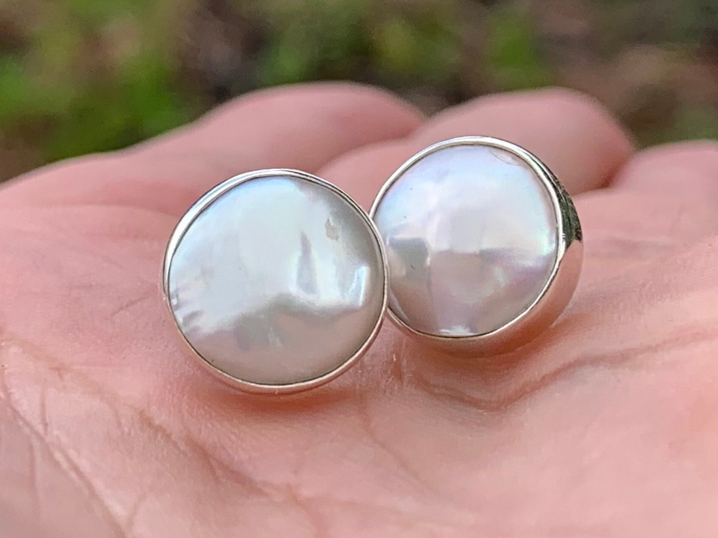 Coin Pearl Earrings Stud. Sterling Silver.