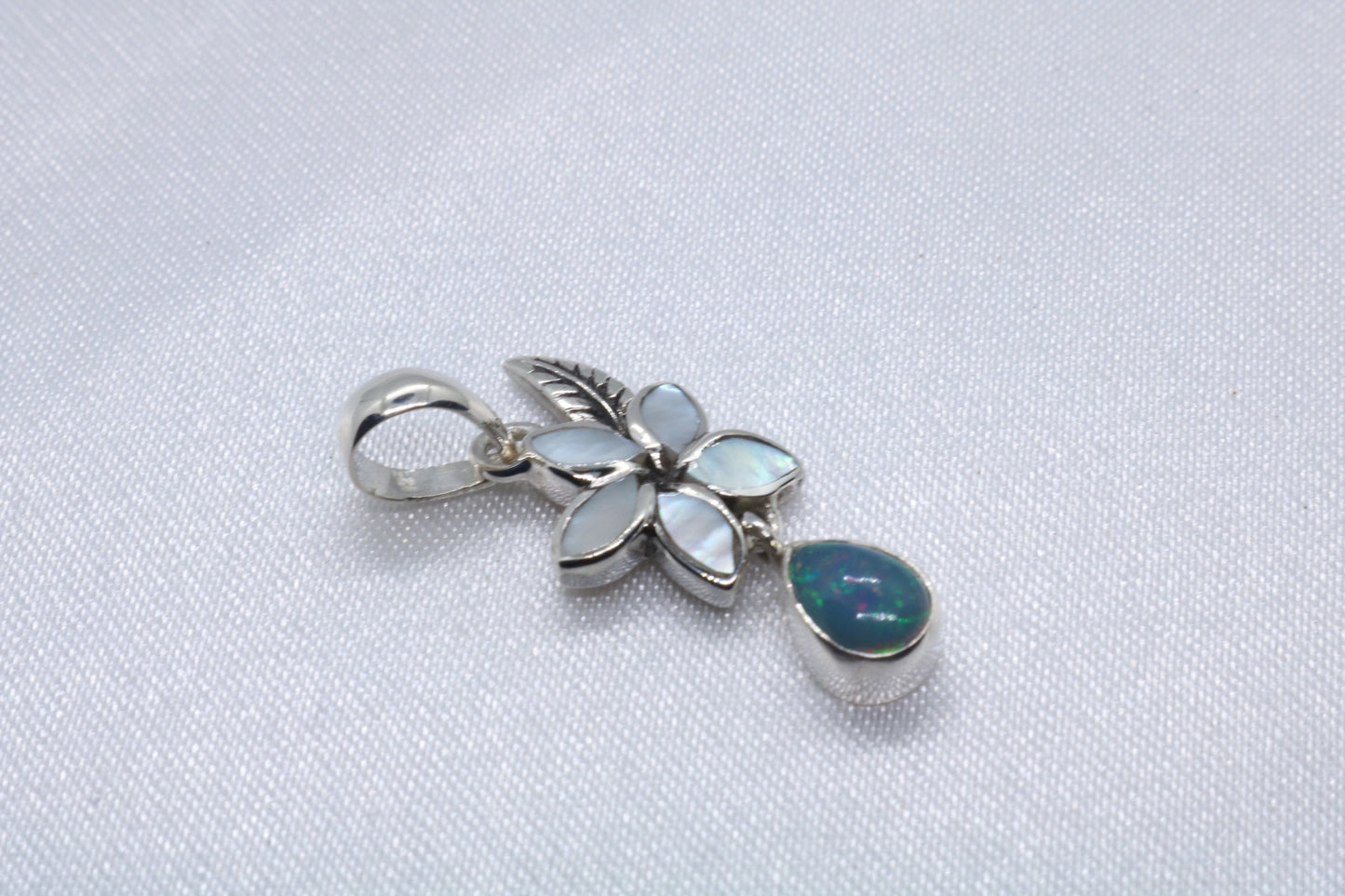 Opal Plumeria Flower Silver Mother of Pearl Necklace Pendant