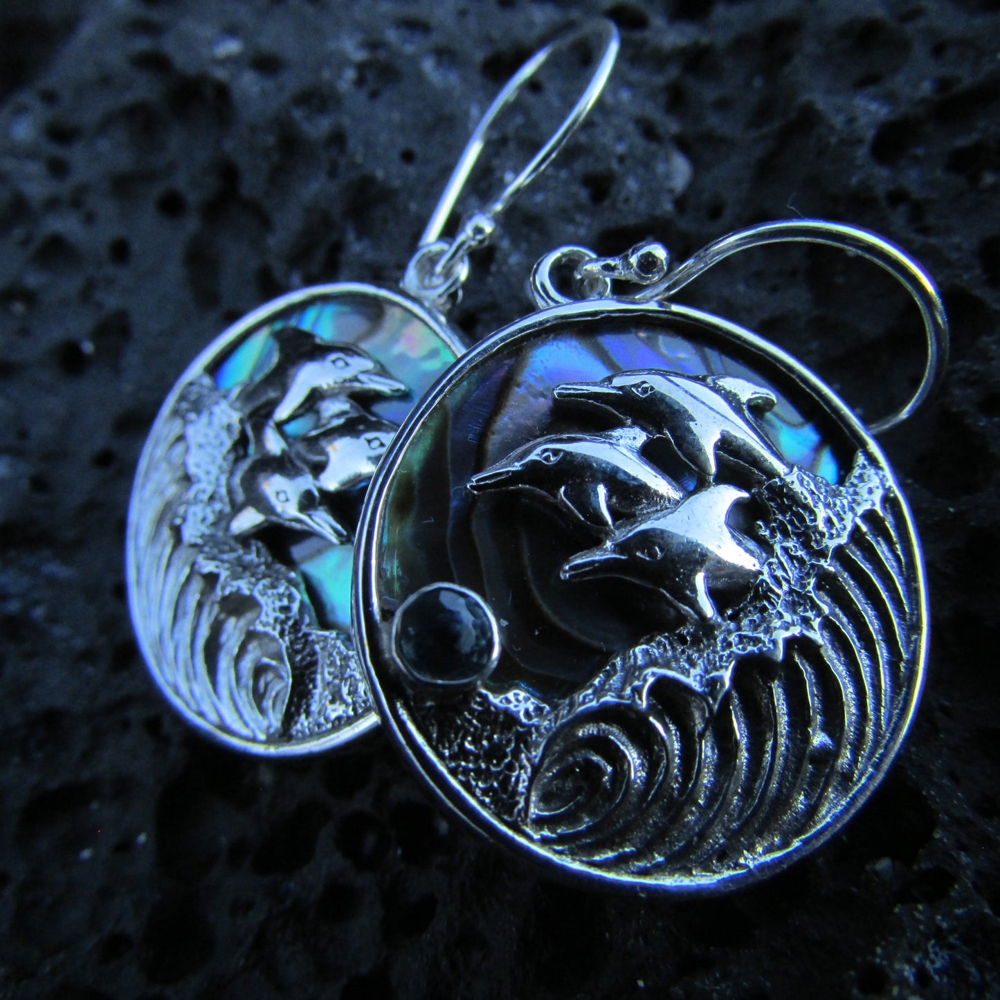 Dolphin Wave Earrings | Blue Topaz | Paua Abalone Shell | Sterling Silver | Ocean | Beach | Gift | Jewelry | Handmade | Unique
