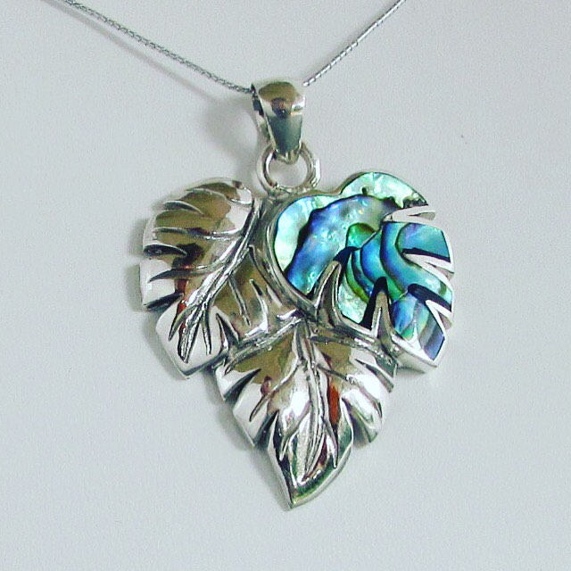 Monstera Leaf Flower Pendant Necklace | Paua Abalone Shell | Sterling Silver | Gift | Jewelry | Handmade | Unique