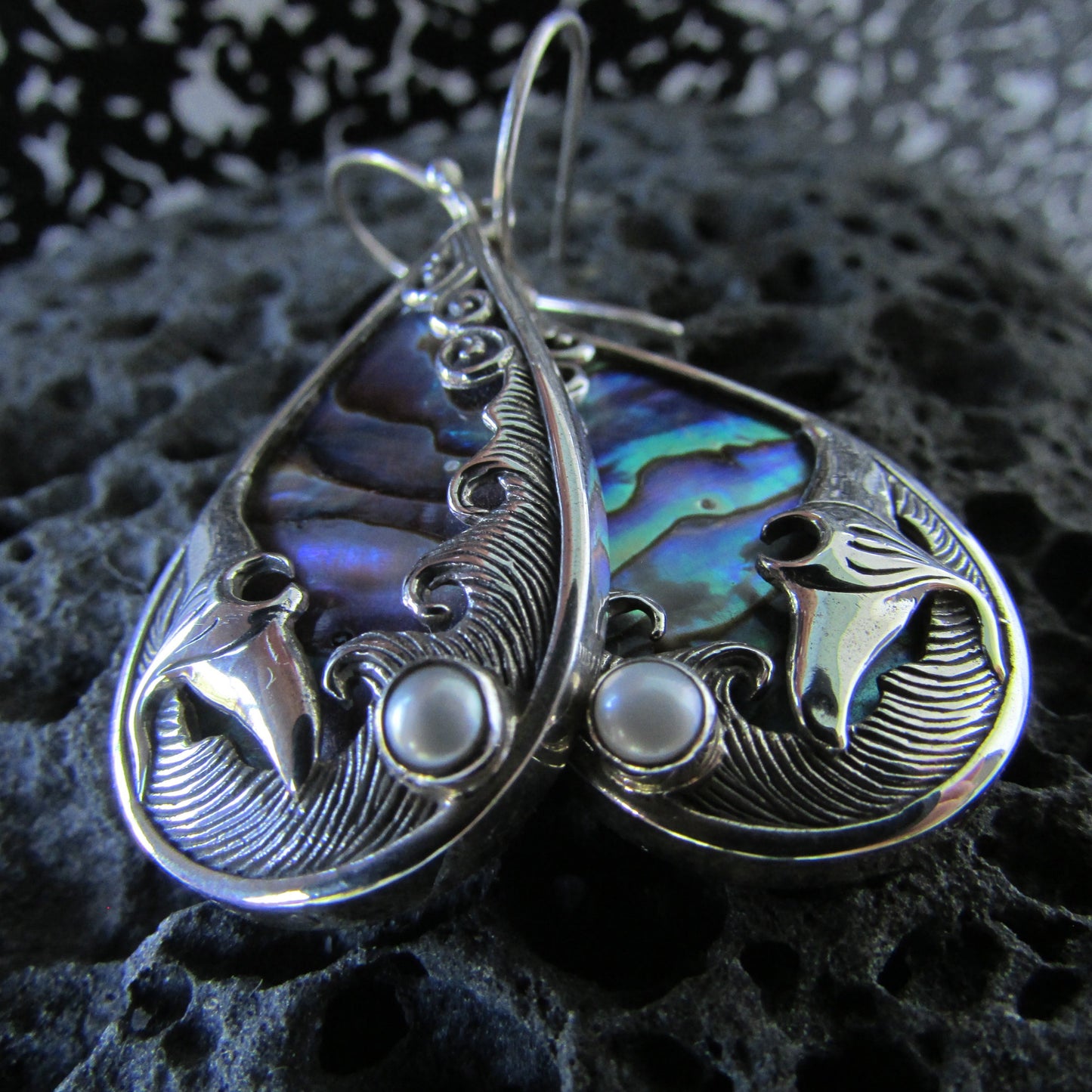 Manta Ray Wave Earrings | Abalone Paua Shell | Pearl | Sterling Silver | Ocean | Beach | Gift | Jewelry | Handmade | Unique
