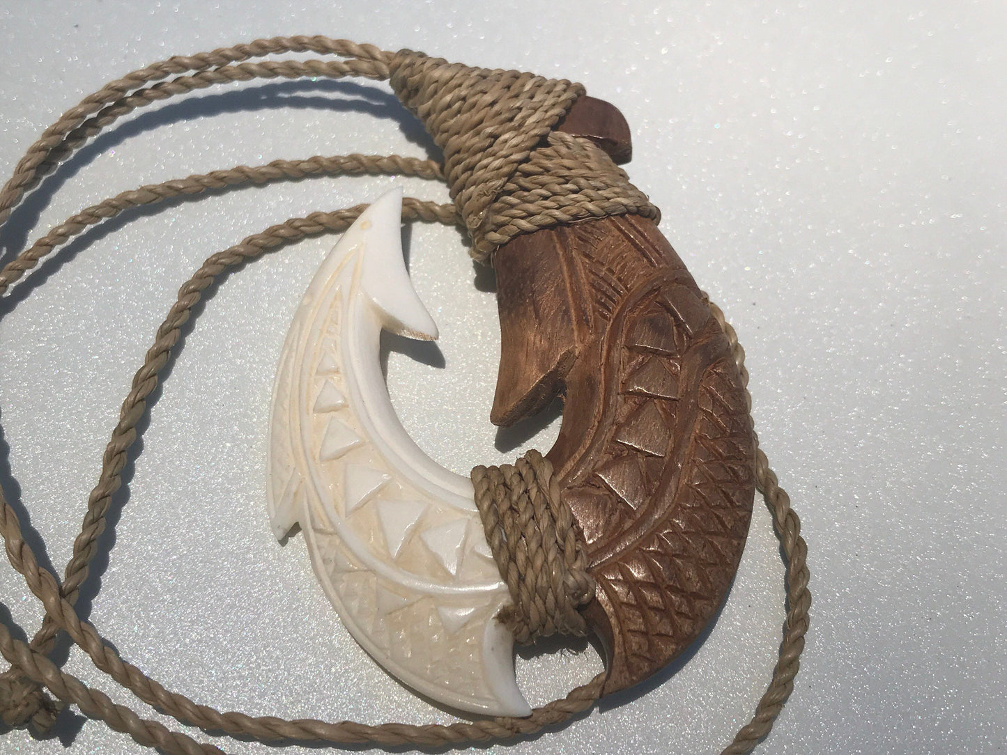 Hawaiian Makau Polynesian Matau Maui Carved Fish Hook Necklace. Bone, Wood.