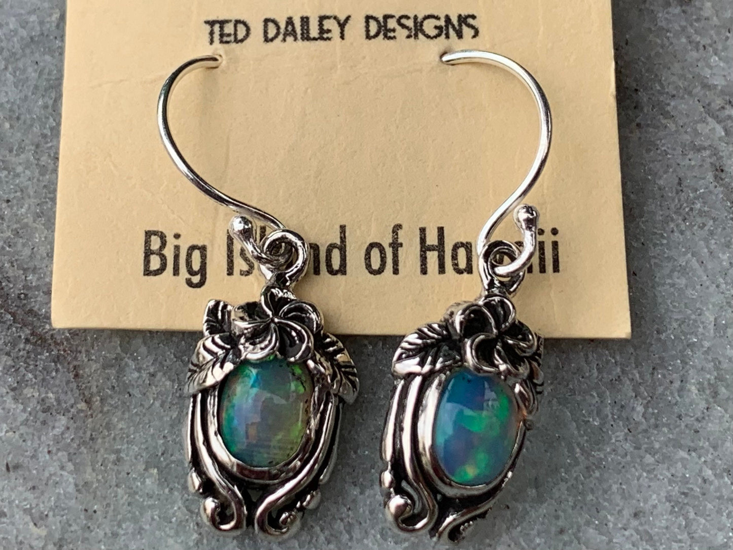 Opal Plumeria Flower Earrings. Sterling Silver.