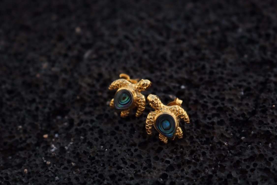 18K Vermeil Turtle Earrings Studs. Abalone Shell.