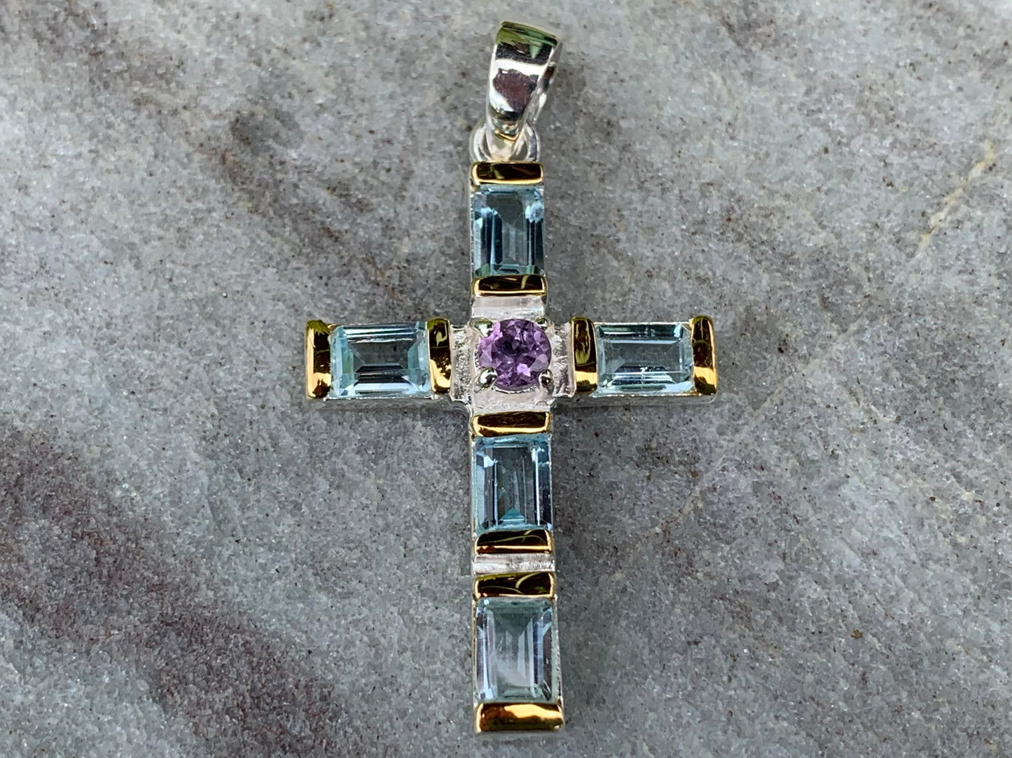 Cross Pendant Necklace. Blue topaz and Amethyst (in the middle). Sterling Silver, 18k gold.