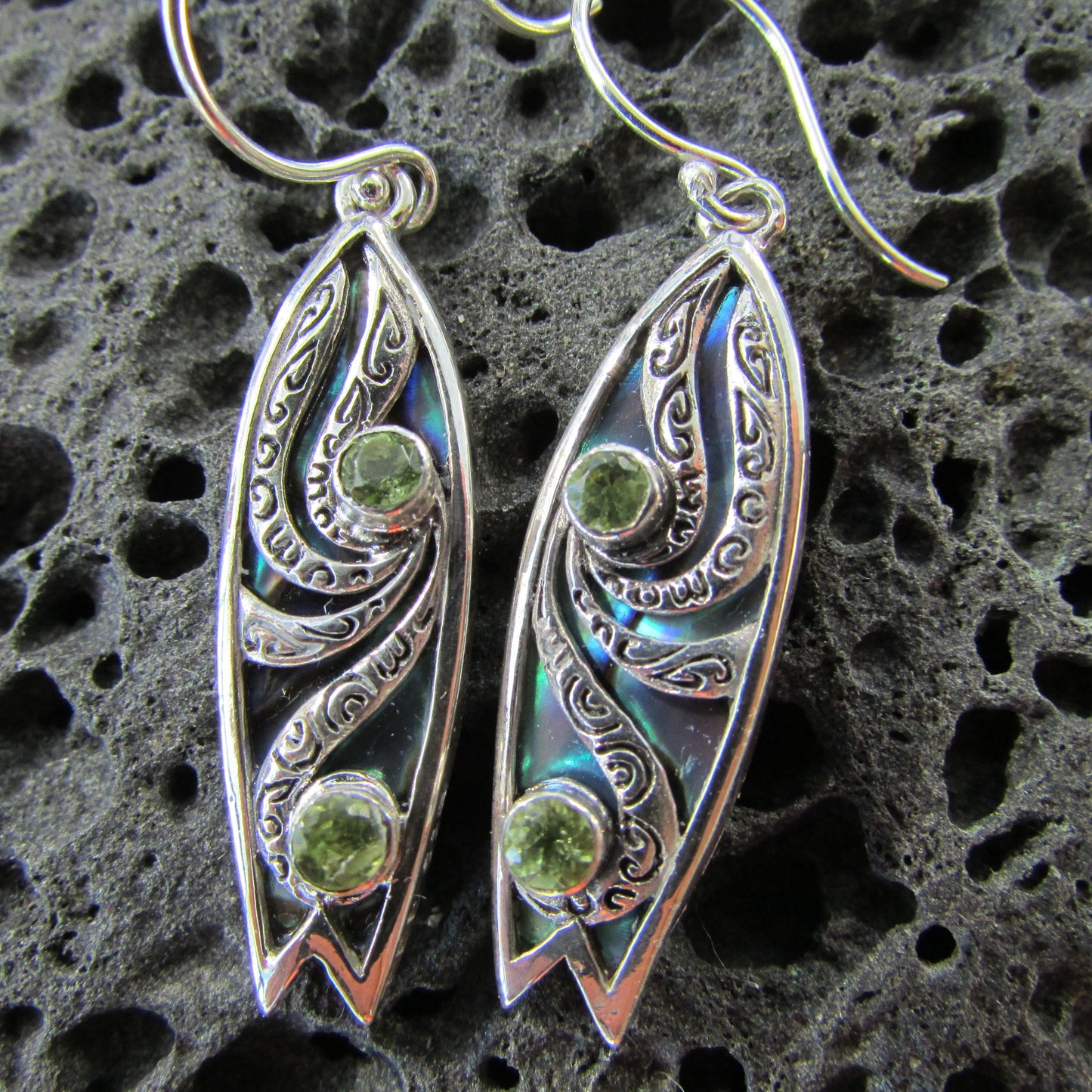 Surfboard Earrings with Polynesian Tattoo Design. Peridot. Abalone Paua Shell. Sterling Silver.