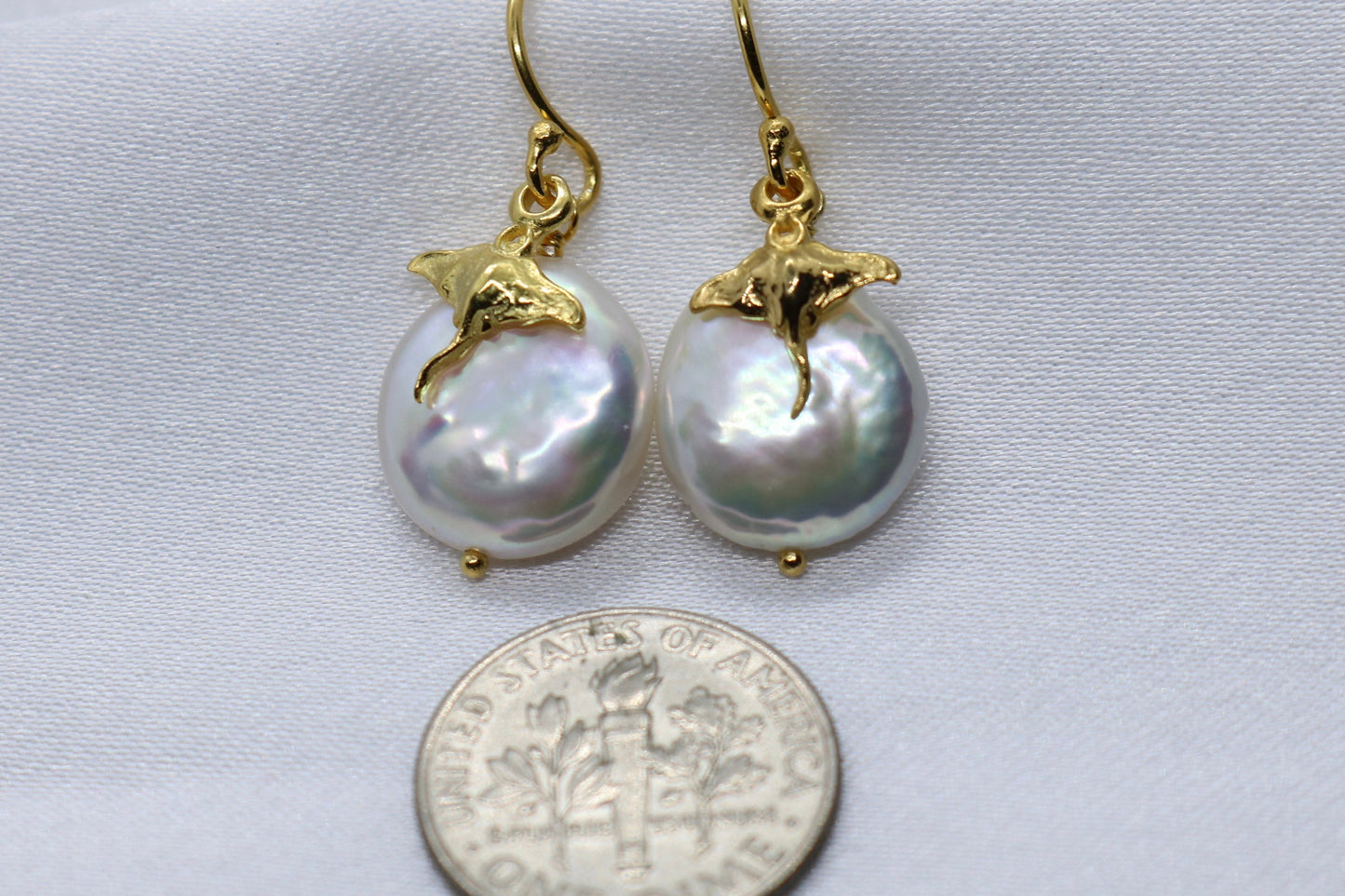 Manta Ray Pearl 18k gold vermeil charm earrings