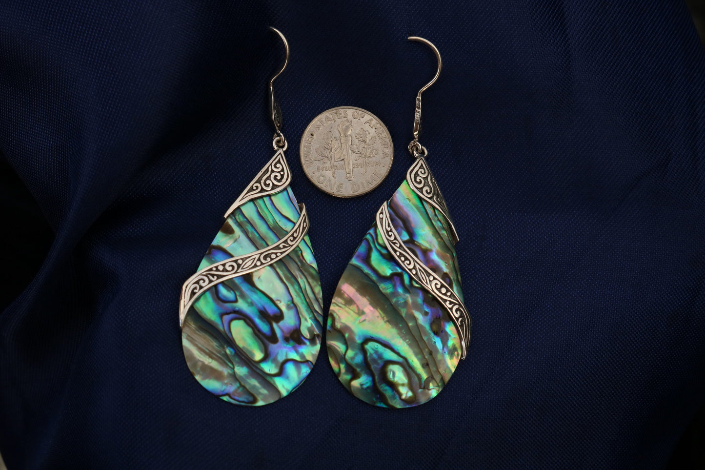 Abalone Shell Teardrop Earrings Double Tribal Design. Sterling Silver.