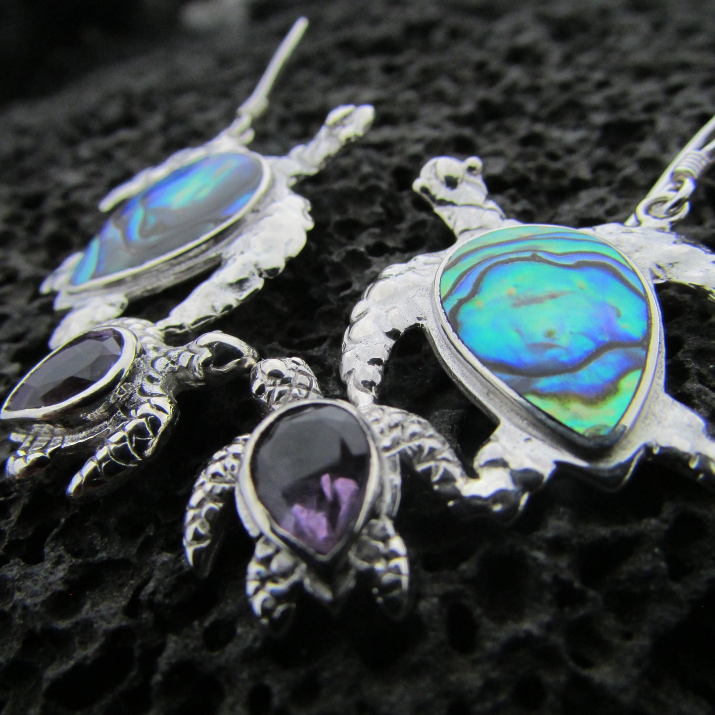 Sea Turtle Couple Earrings | Abalone Paua Shell | Amethyst | Beach | Gift | Jewelry | Handmade | Unique