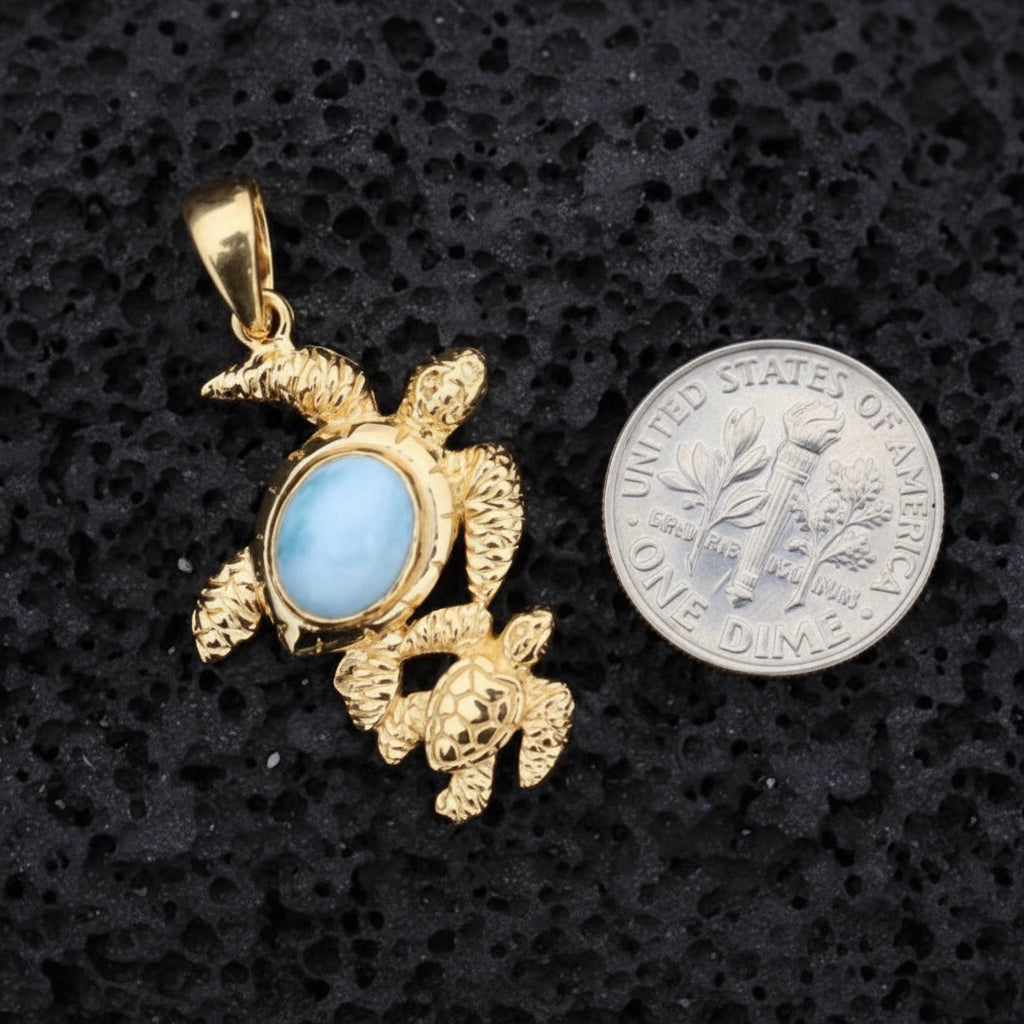 18k Gold Vermeil and larimar turtle (mom with baby) pendant necklace. Hawaiian Honu.