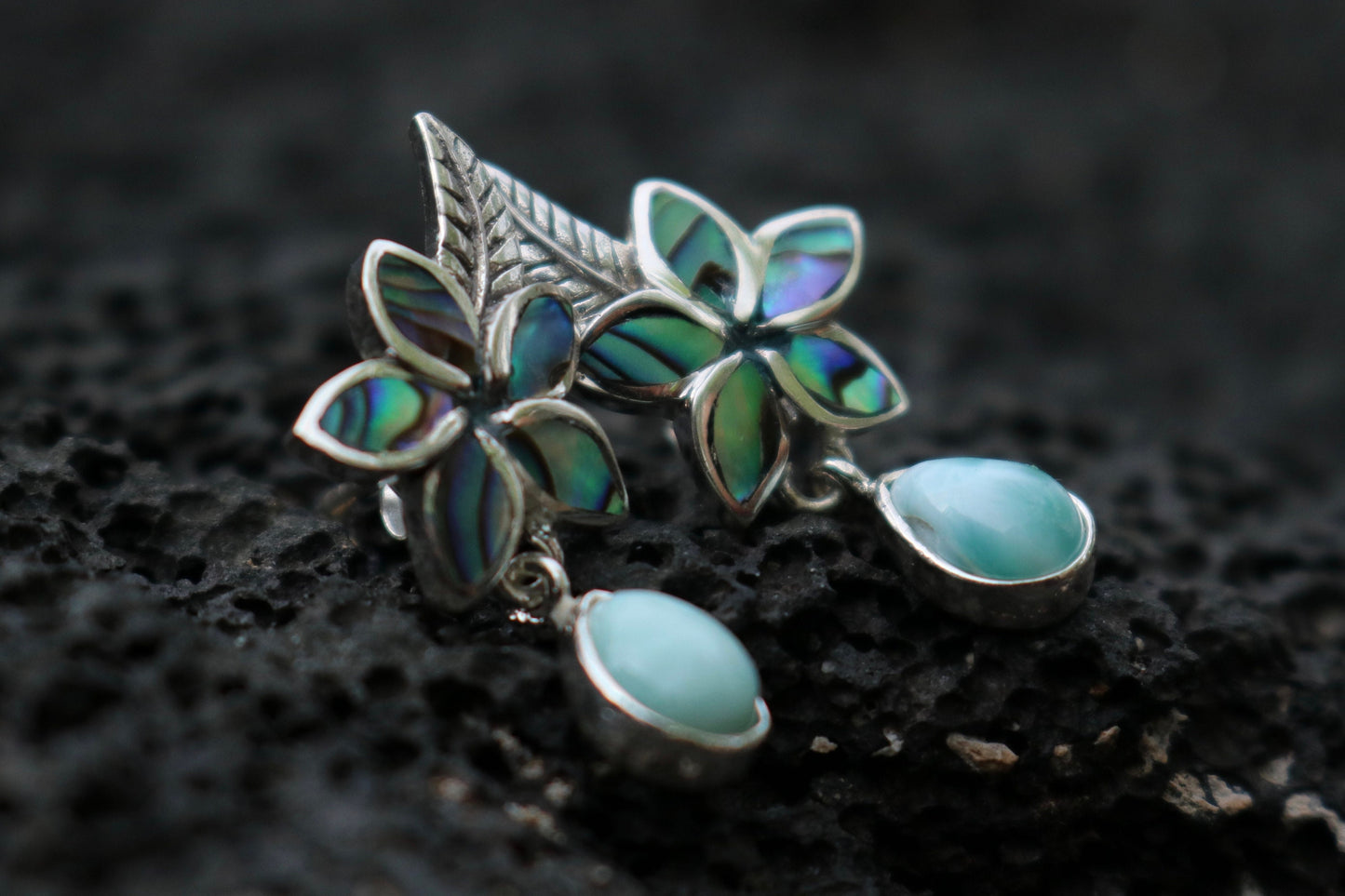 Plumeria Flower Larimar Abalone Shell Stud Earrings. Sterling Silver.