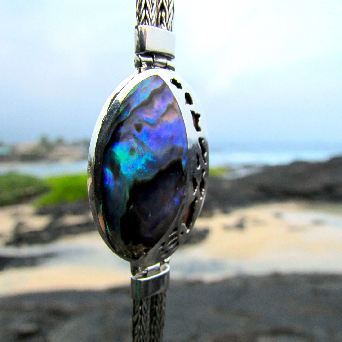 Hawaii Islands and Turtle Handmade Bracelet | Abalone Shell | Hawaiian Koa Wood | Paua Shell | Sterling Silver