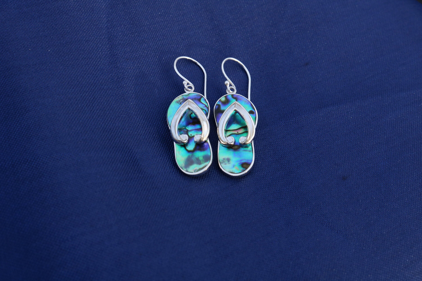 Beach Slippers Flip Flops Charm Earrings. Sterling Silver, Mother of Pearl, Abalone Shell.