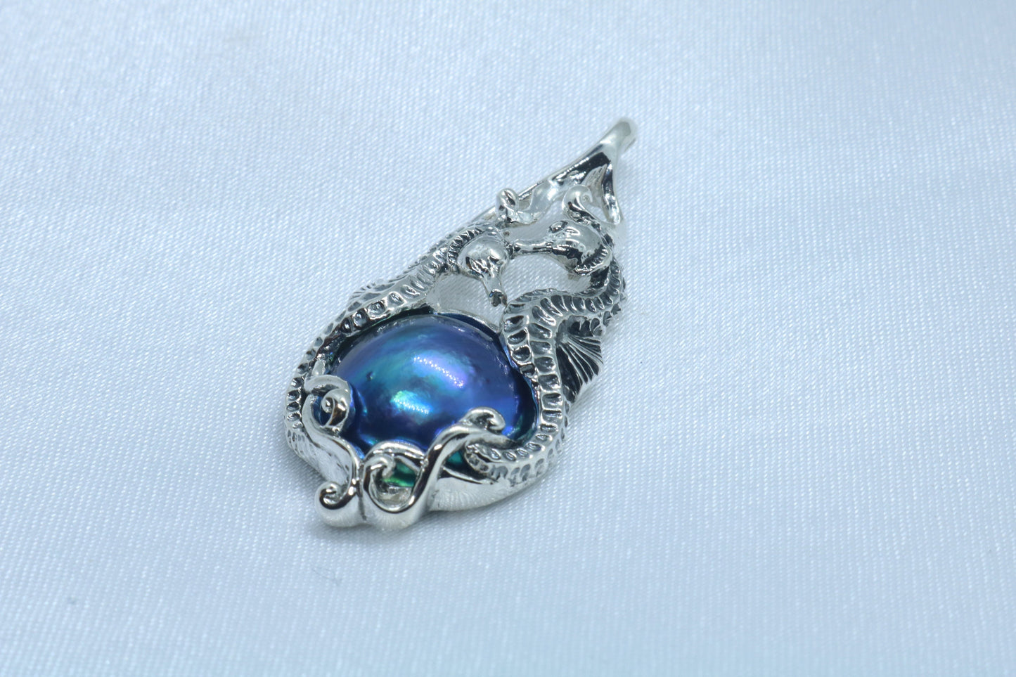 Seahorse Blue Mabe Pearl Silver Pendant Necklace