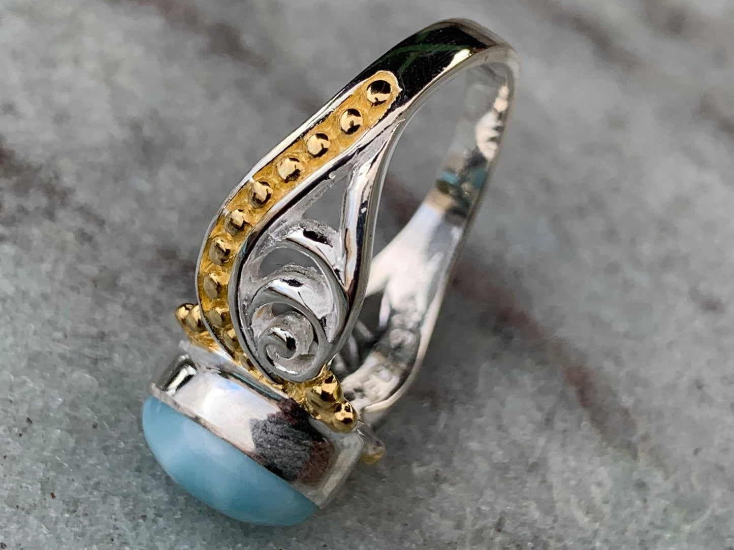 Larimar Wave Ring. Gold, Silver.