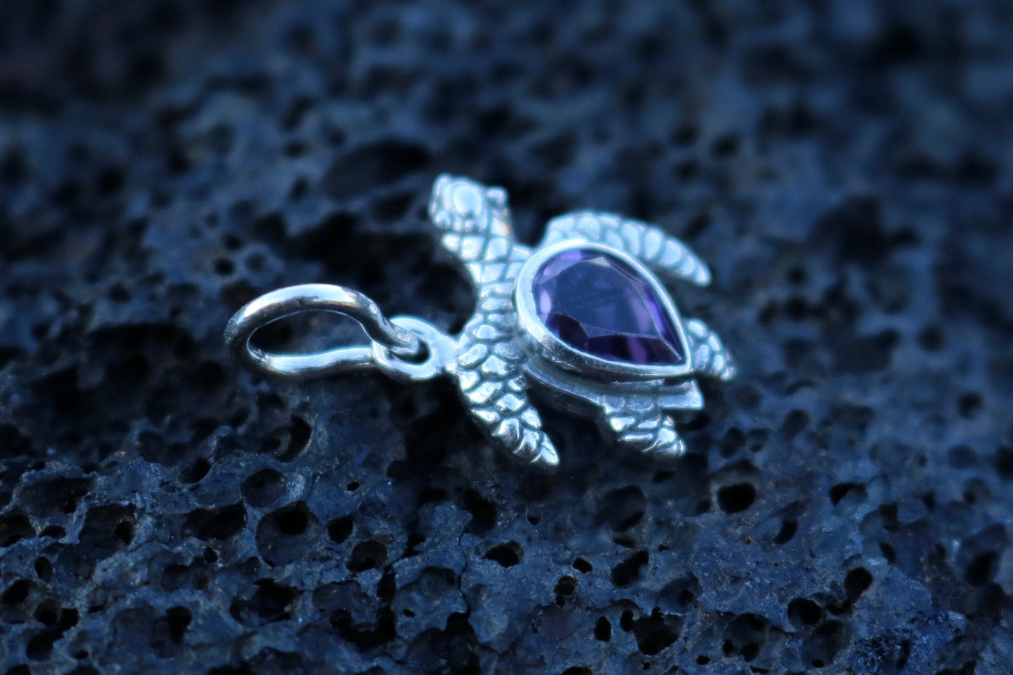 Turtle Charm Amethyst Necklace Pendant. Sterling Silver.