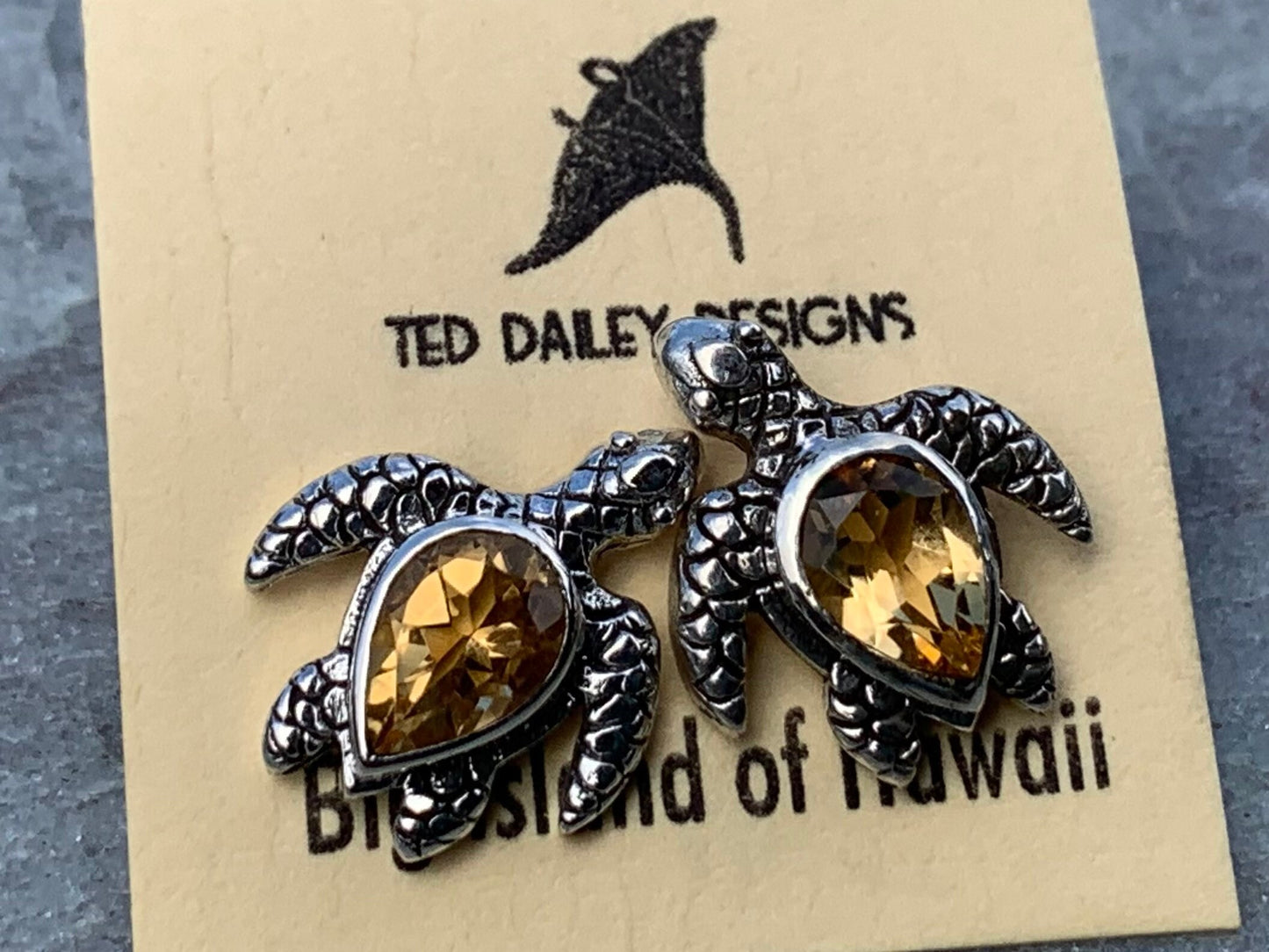 Turtle Charm Citrine Stud Earrings Sterling Silver