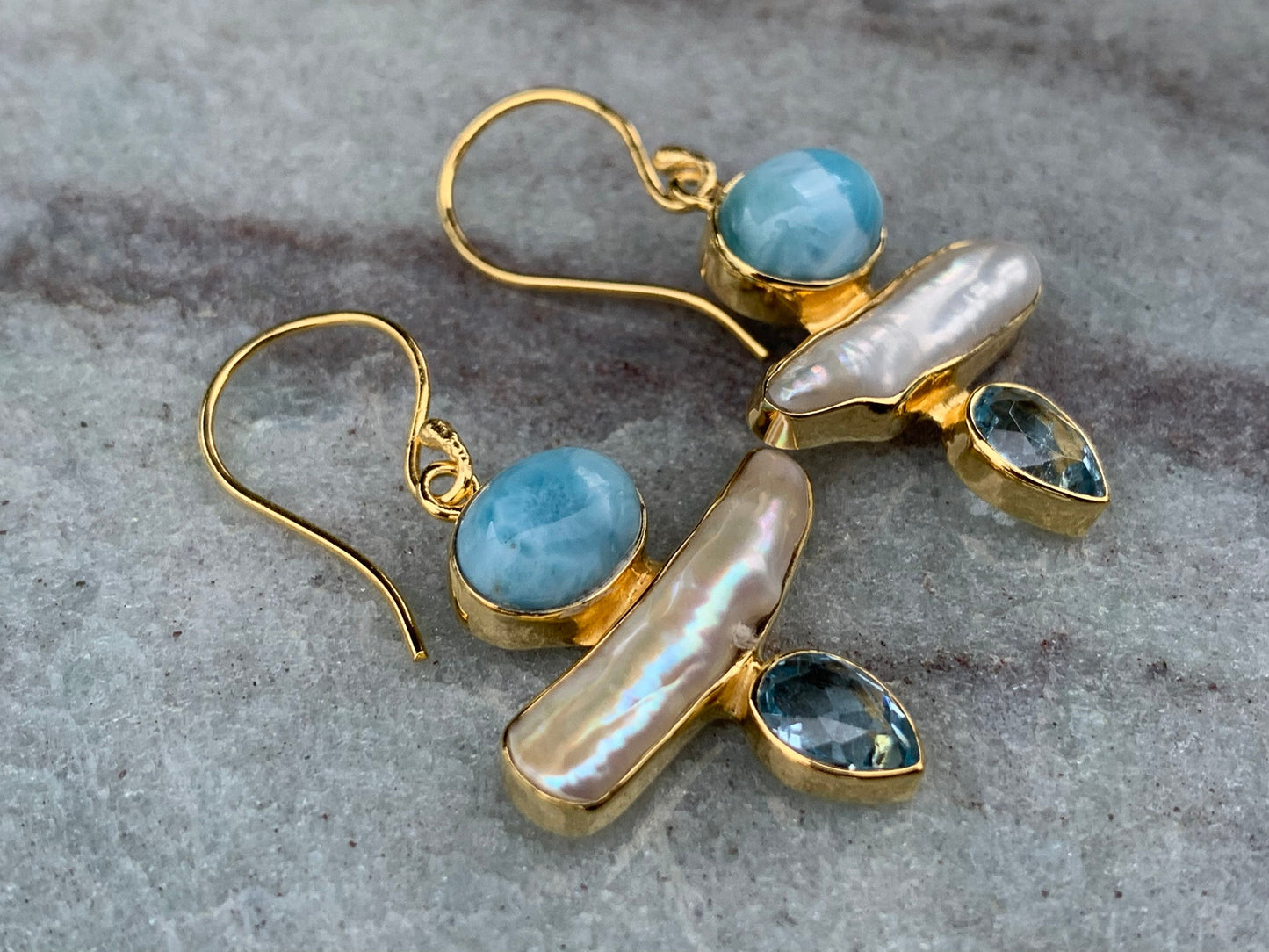 Larimar, Pearl, Blue Topaz 18k Gold Vermeil Earrings.