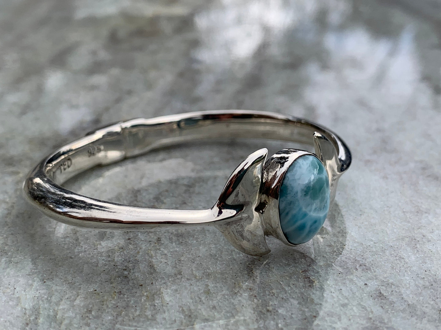 Whale tail bracelet. Larimar, Sterling Silver.