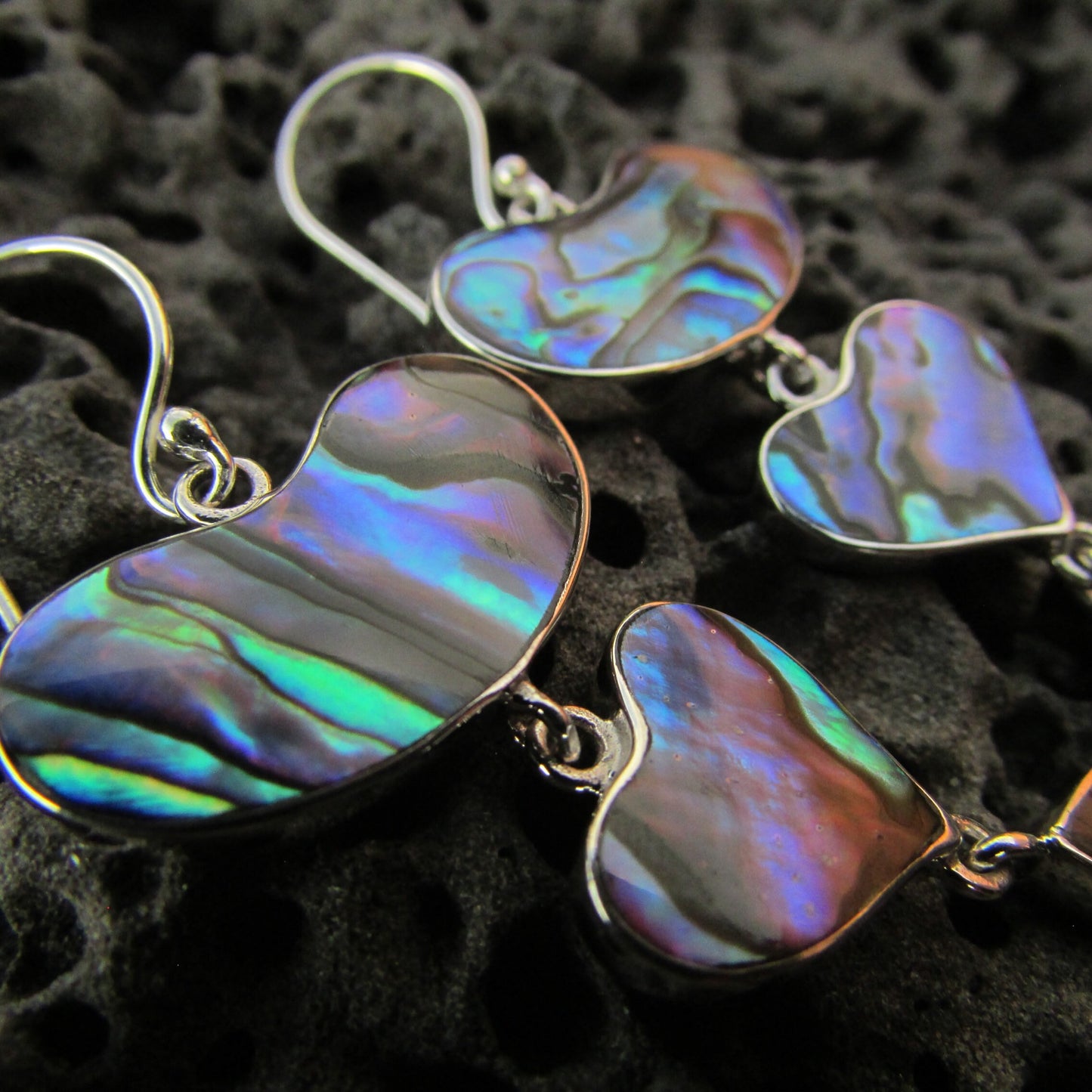 Heart Teardrop Earrings. Abalone Paua Shell. Sterling Silver.