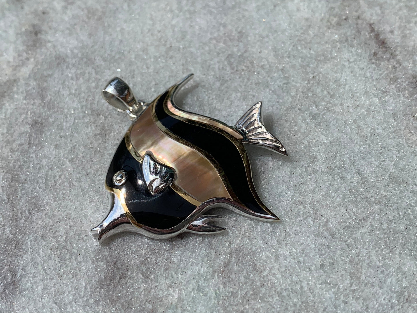 Fish Moorish Idol Hawaiian Tropical Pendant Necklace. Sterling Silver, Mother of Pearl.