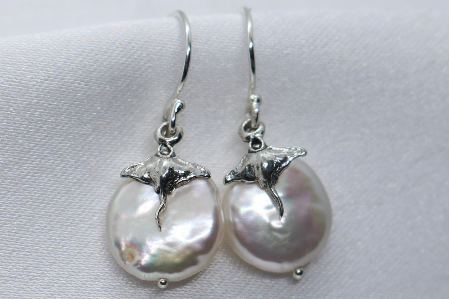 Manta Ray Pearl Silver charm coin earrings
