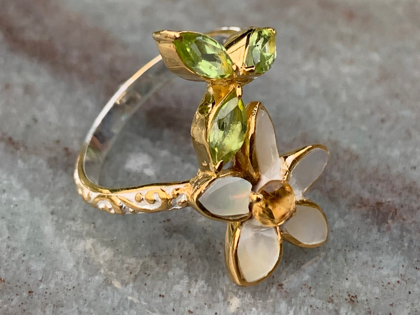 Plumeria Flower Ring. Gold, Silver, Citrine, Peridot, Mother of Pearl.