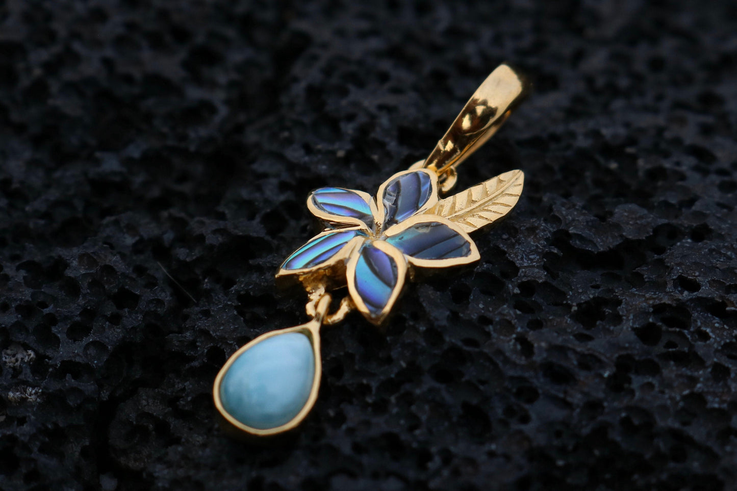 18K Gold Vermeil Charm Plumeria Flower Larimar Teardrop Pendant Necklace.