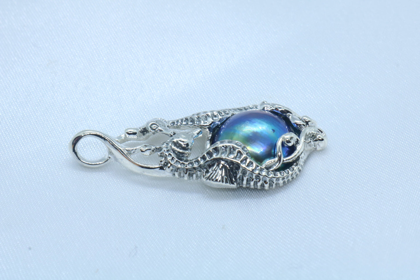 Seahorse Blue Mabe Pearl Silver Pendant Necklace