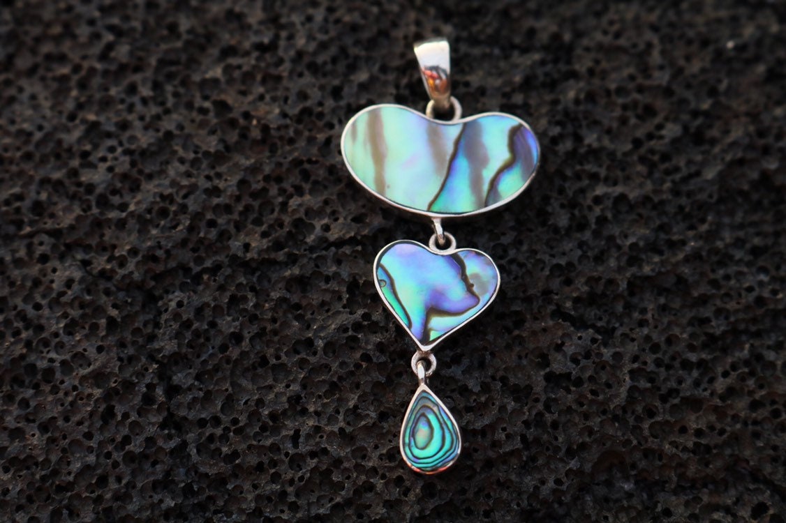 Teardrop Heart Necklace Pendant. Sterling Silver, Abalone Shell.