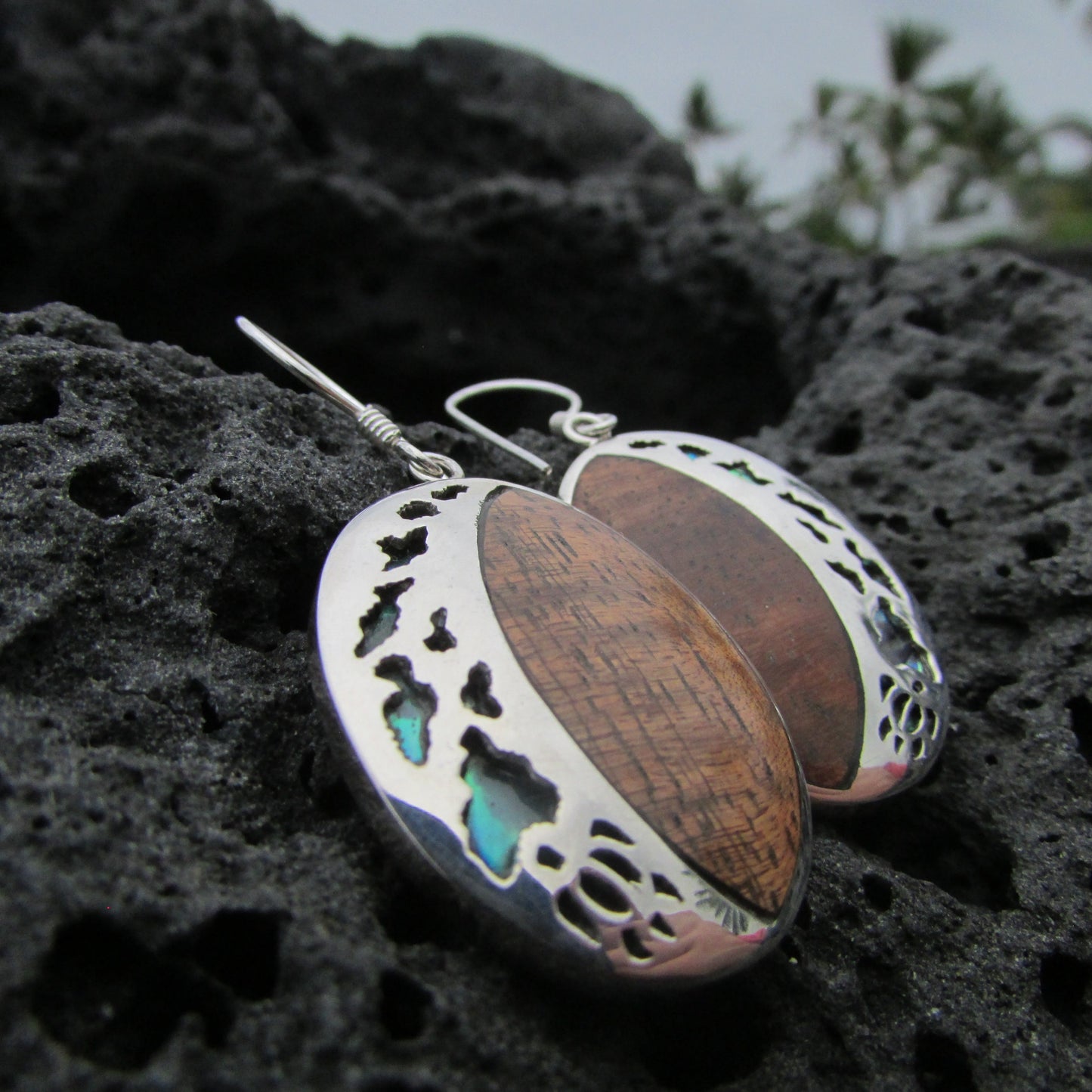 Hawaii Island Chain Earrings | Koa Wood | Sterling Silver | Abalone Paua Shell | Ocean | Beach | Gift | Jewelry | Handmade | Unique