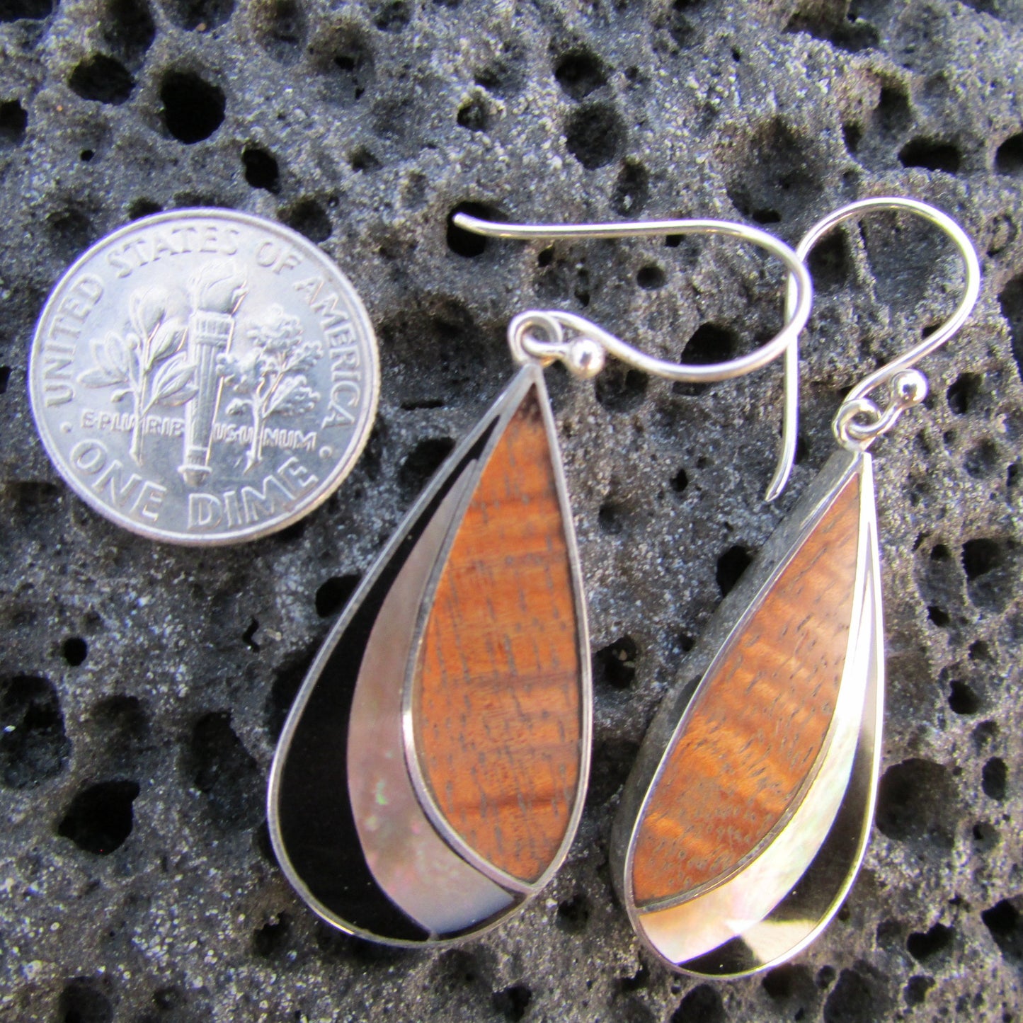 Teardrop Earrings | Ouster Shell | Hawaiian Koa Wood | Sterling Silver | Gift | Jewelry | Handmade | Unique