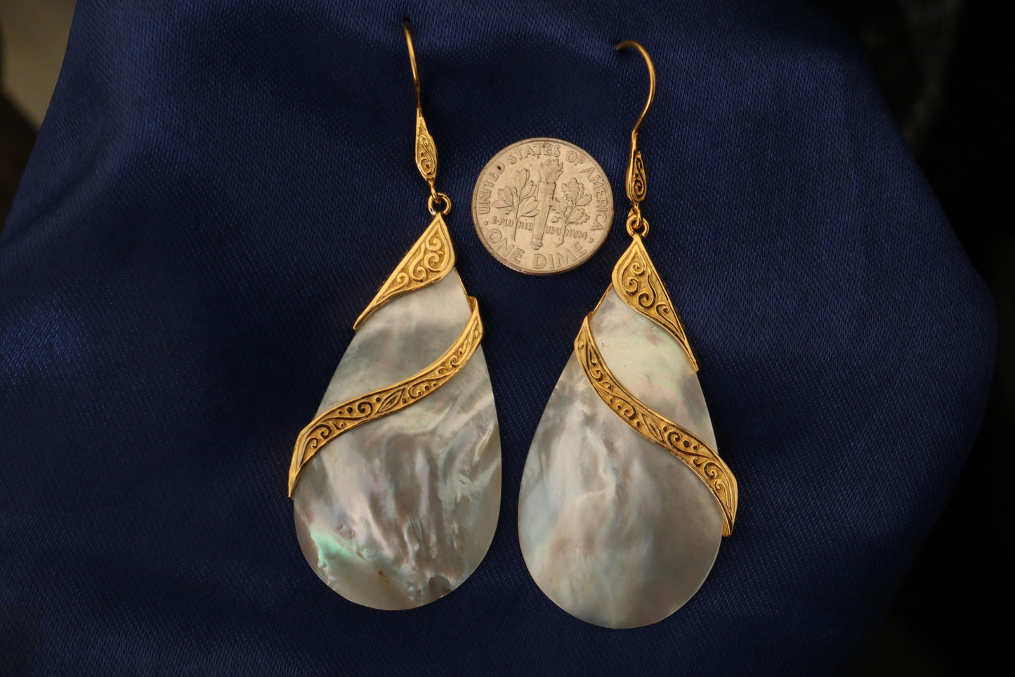 18K Gold Vermeil Mother of Pearl Teardrop Earrings Double Tribal Design. Sterling Silver.