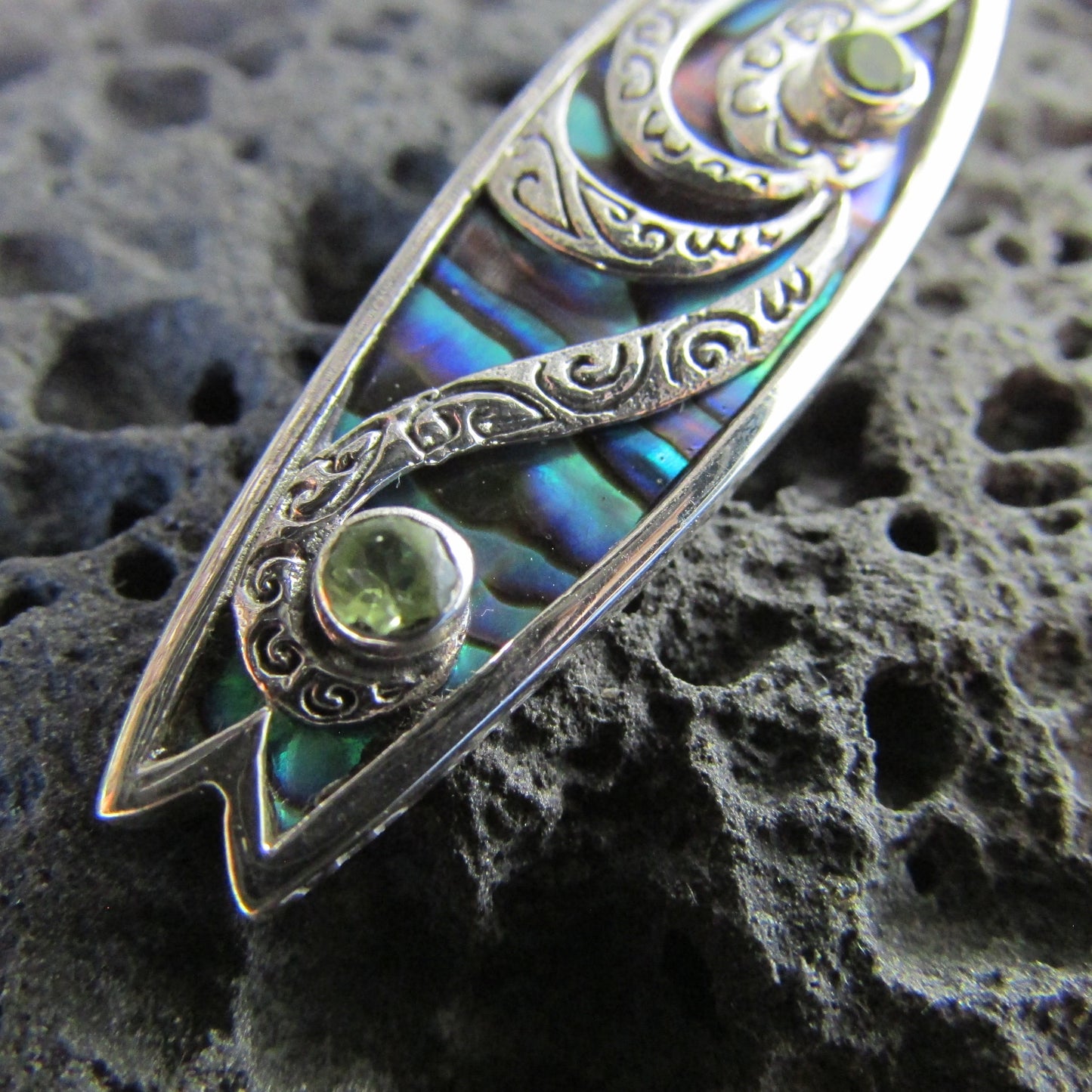 Surfboard Polynesian Tattoo Design. Peridot, Paua Abalone Shell, Sterling Silver.