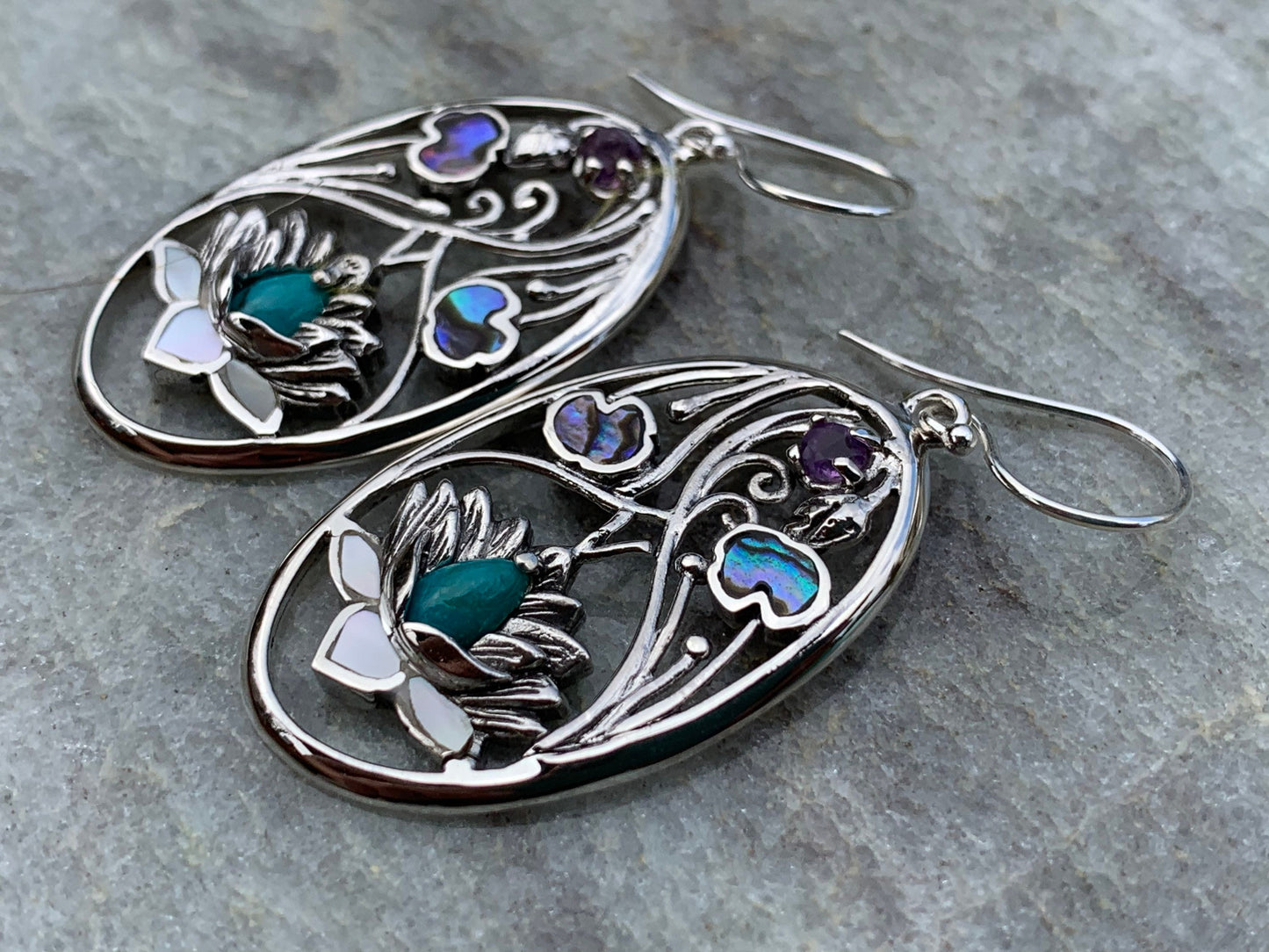 Turquoise Amethyst Lotus Earrings. Sterling Silver. Abalone Shell, Mother of Pearl.