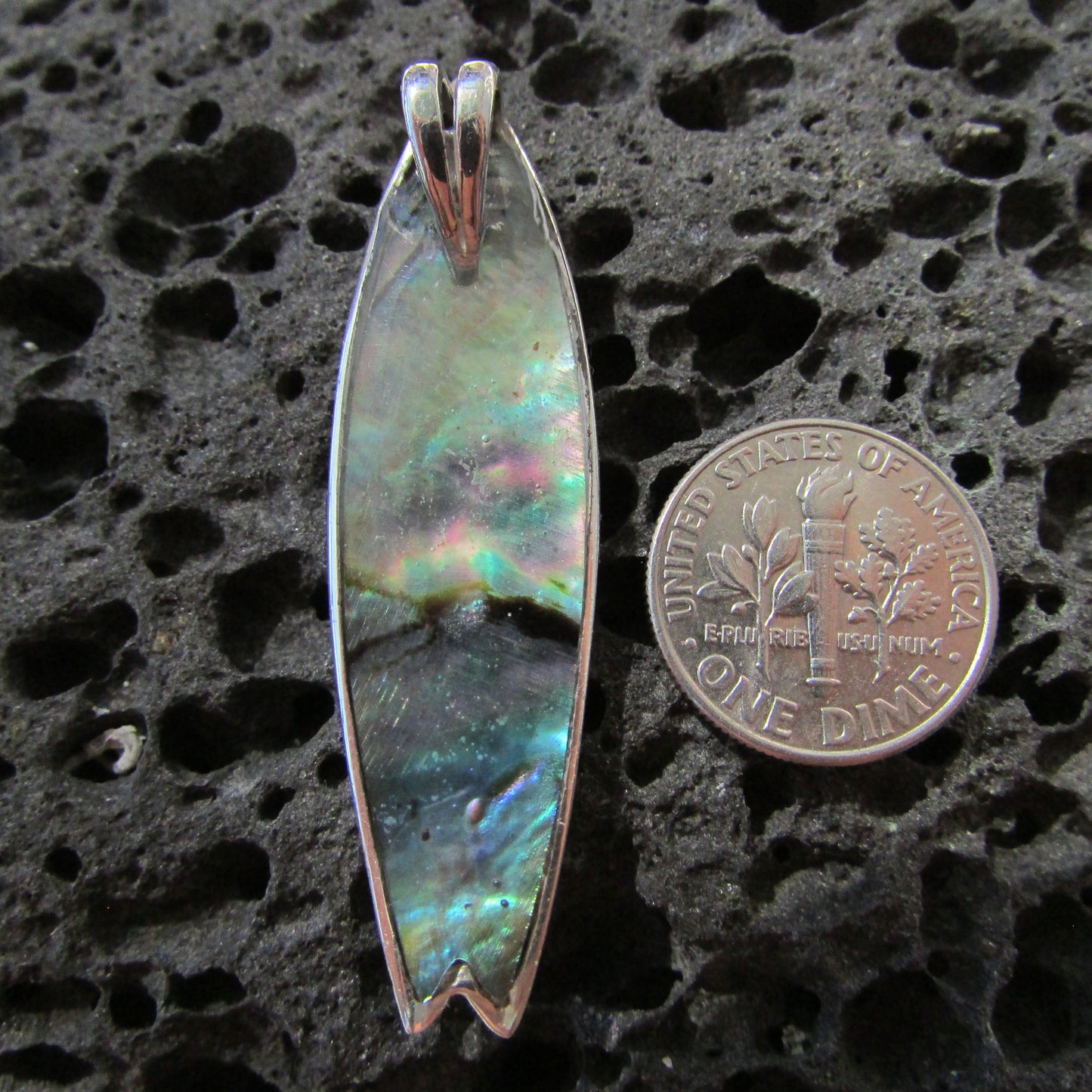 Surfboard Polynesian Tattoo Design. Peridot, Paua Abalone Shell, Sterling Silver.
