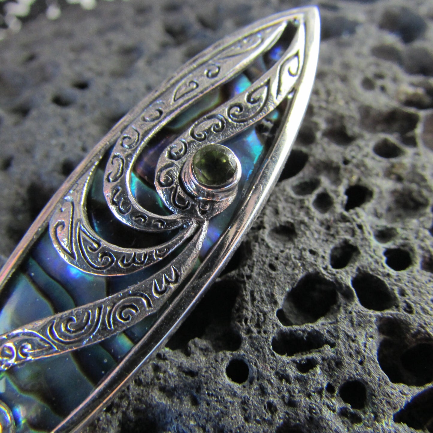 Surfboard Polynesian Tattoo Design. Peridot, Paua Abalone Shell, Sterling Silver.