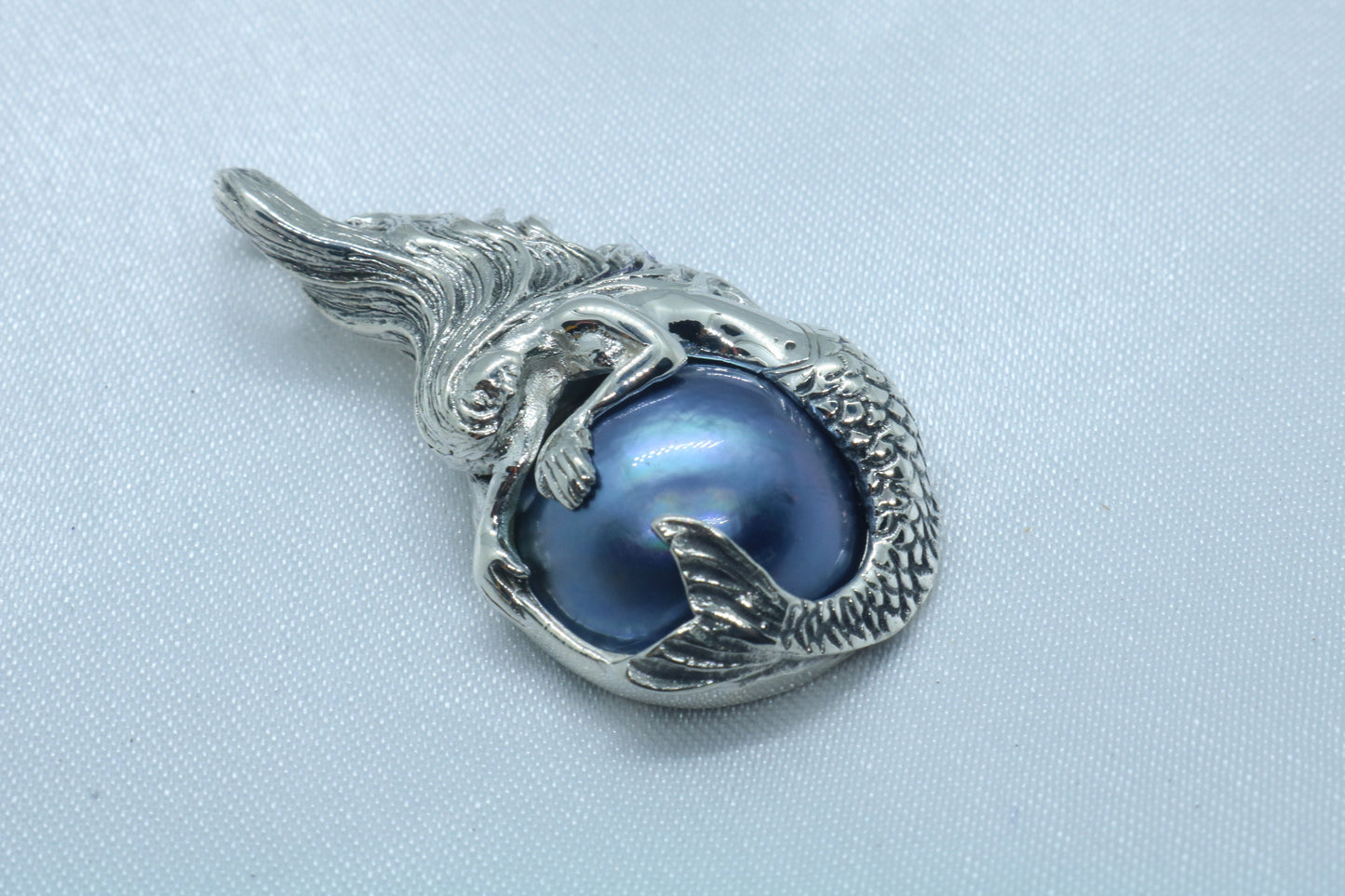 Mermaid Blue Mabe Pearl Silver Pendant Necklace