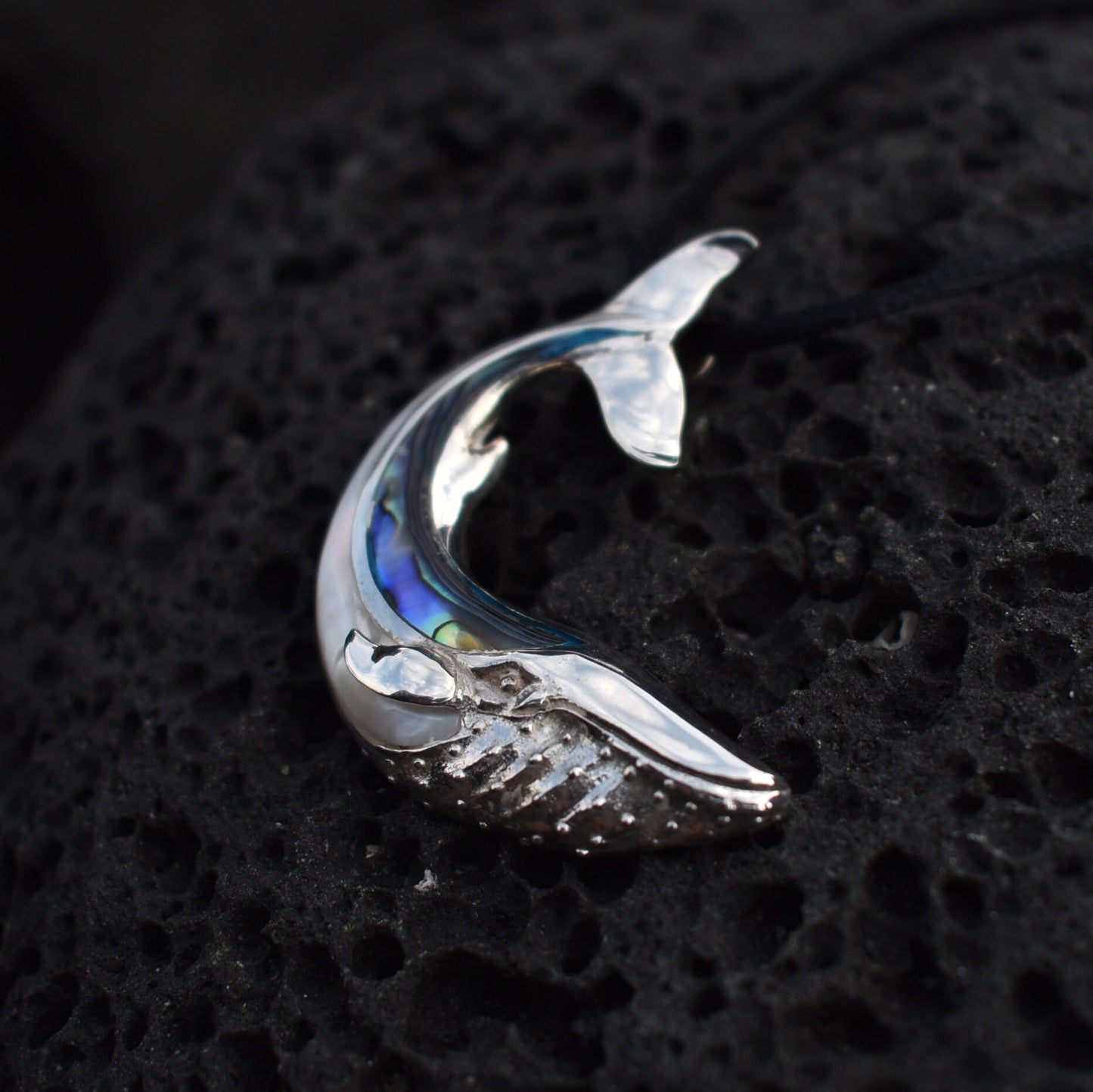 Whale Necklace Pendant. Sterling Silver. Abalone Shell. Mother of Pearl.